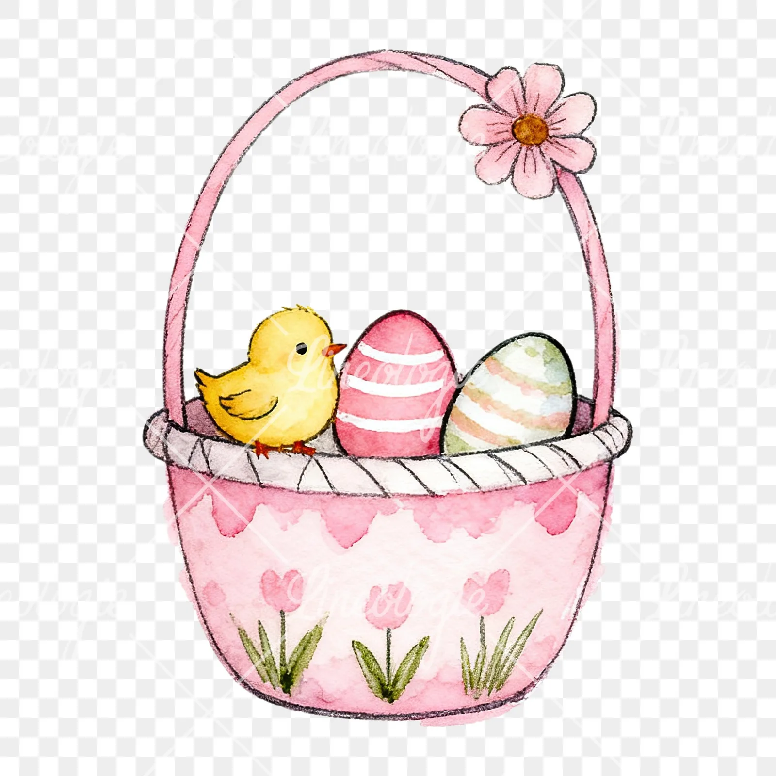 Watercolor pink girls basket clipart 6 of 9 on a transparent background (PNG)