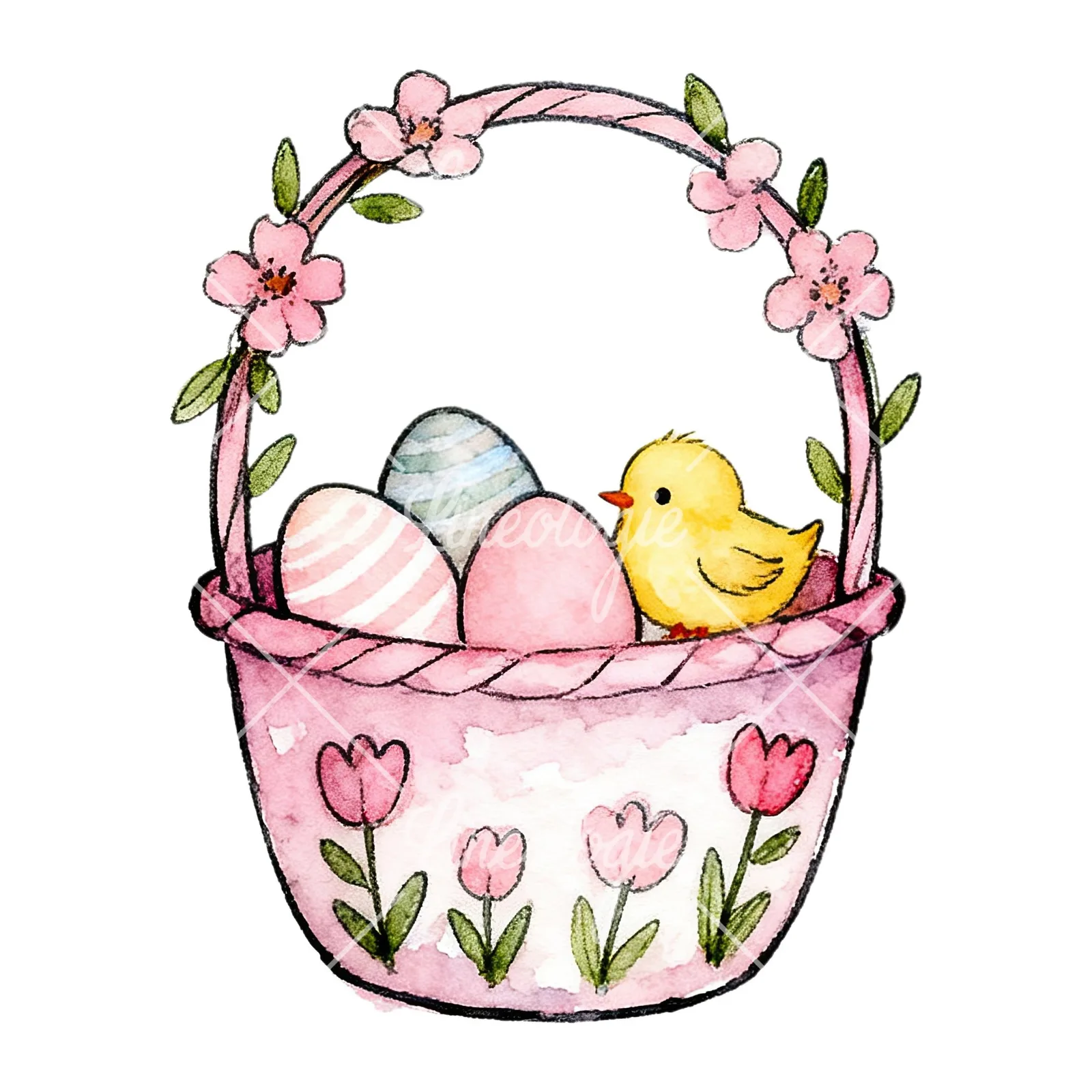 Watercolor pink girls basket clipart 7 of 9 on a white background (JPG)