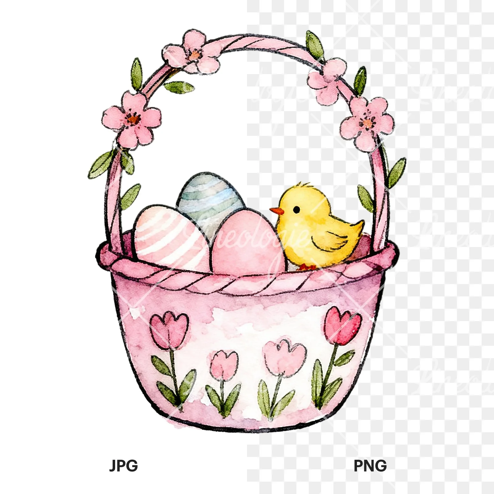 Watercolor pink girls basket clipart 7 of 9, as a JPG on white and a transparent PNG