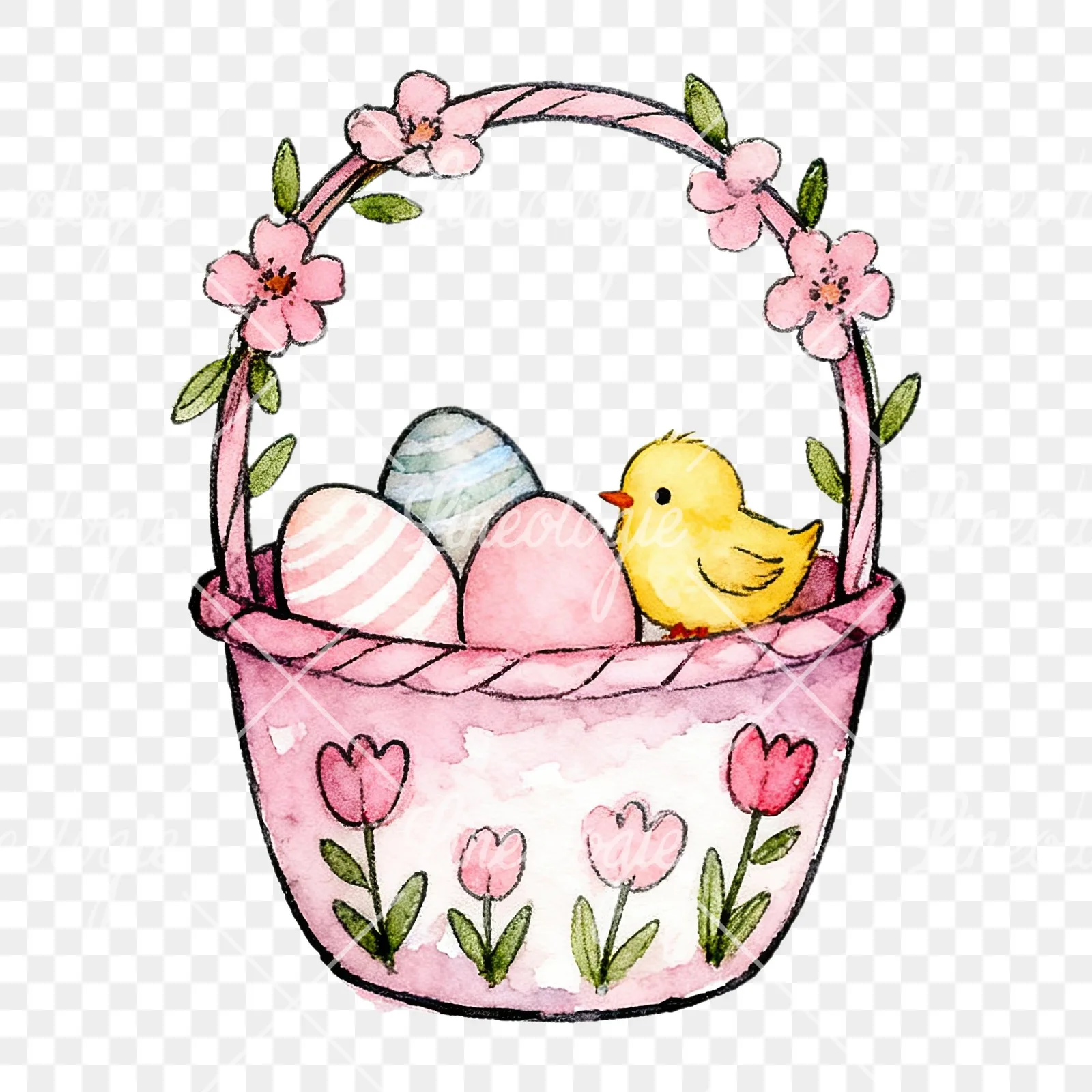 Watercolor pink girls basket clipart 7 of 9 on a transparent background (PNG)