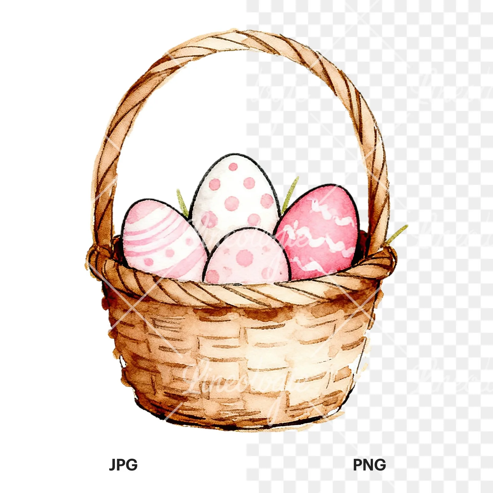Watercolor pink girls basket clipart 8 of 9, as a JPG on white and a transparent PNG