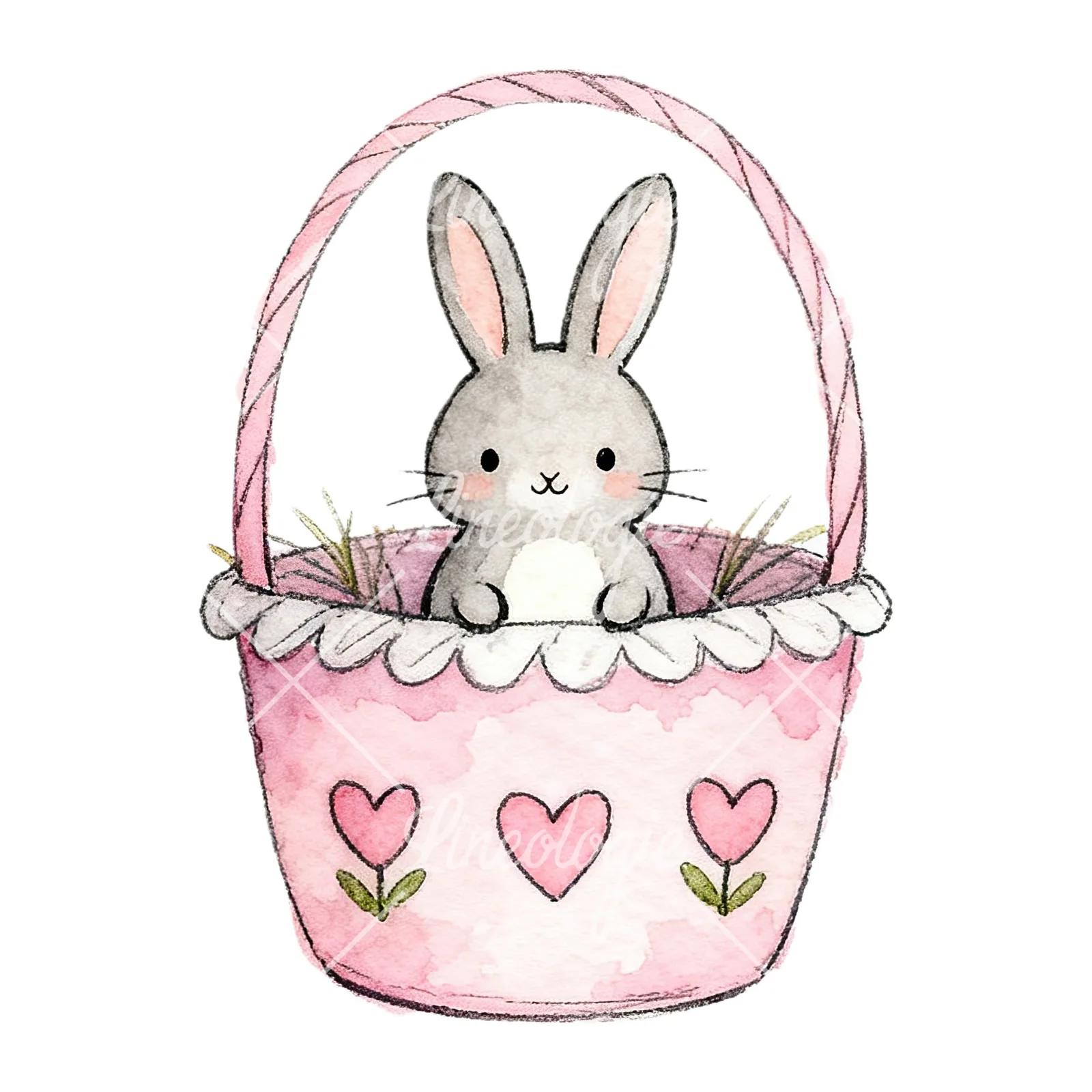 Watercolor pink girls basket clipart 9 of 9 on a white background (JPG)