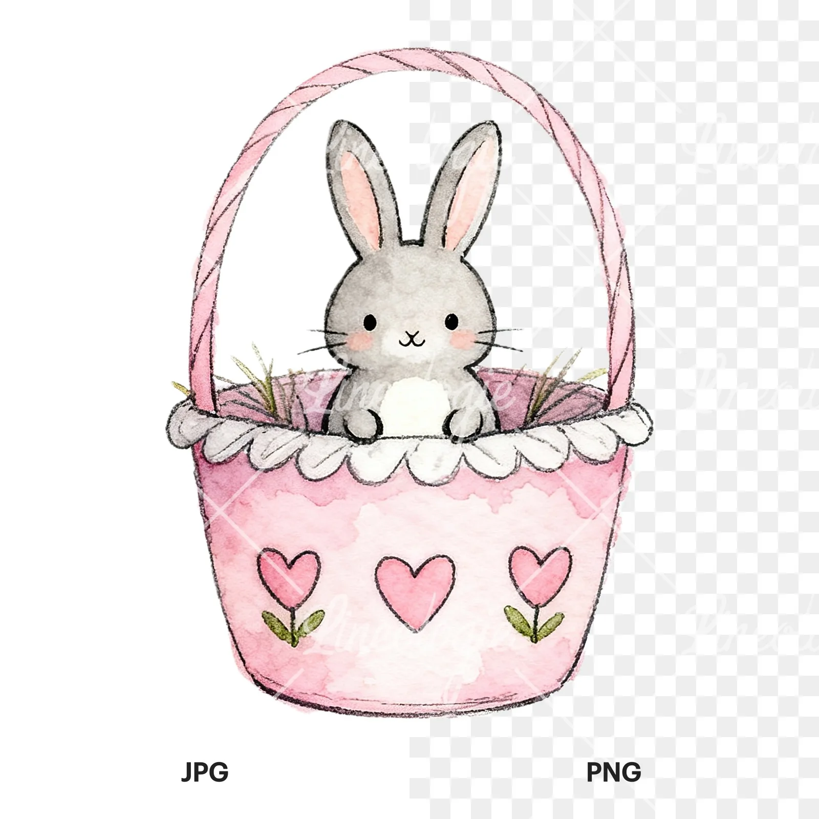 Watercolor pink girls basket clipart 9 of 9, as a JPG on white and a transparent PNG