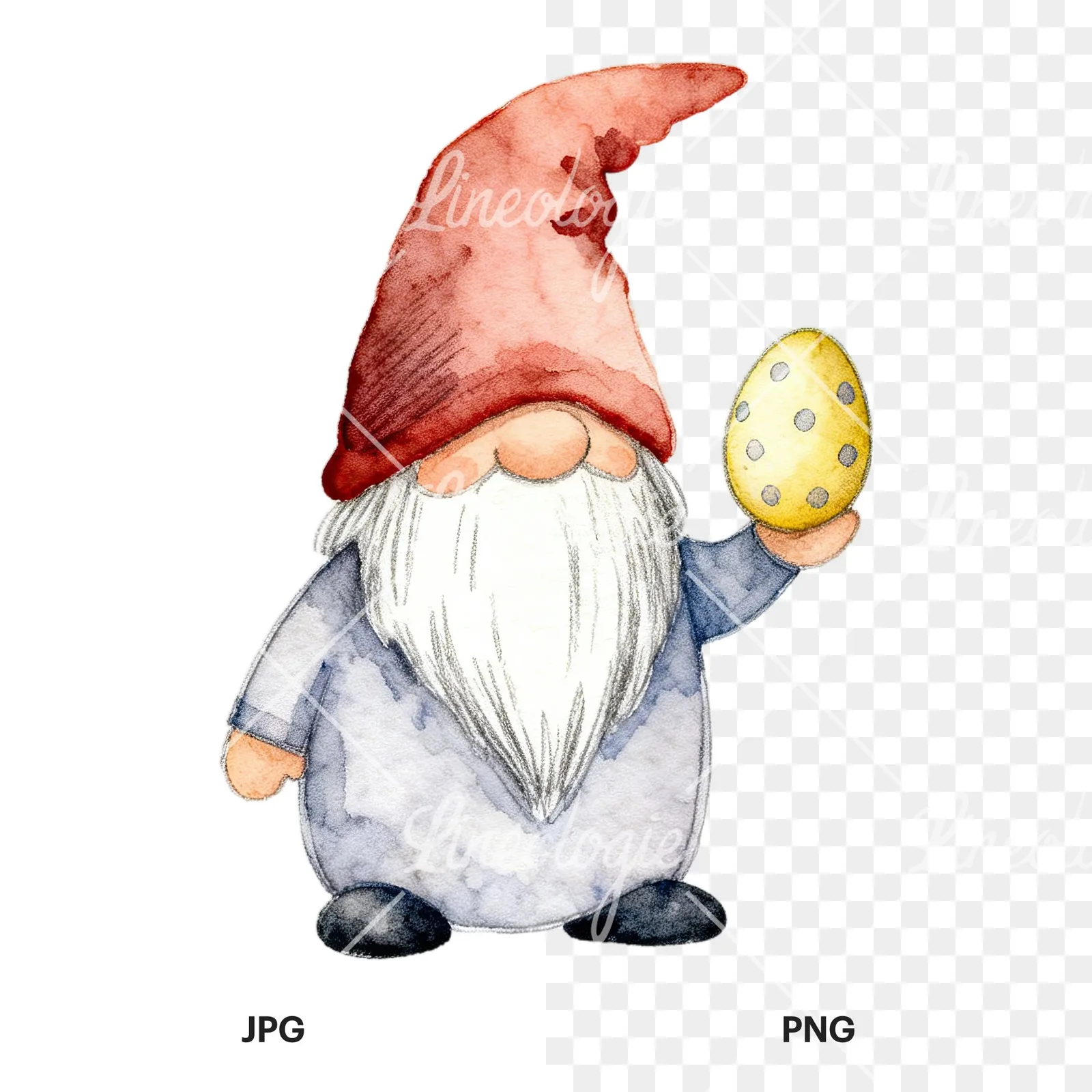 Watercolor sleepy gnome clipart 1 of 9, as a JPG on white and a transparent PNG