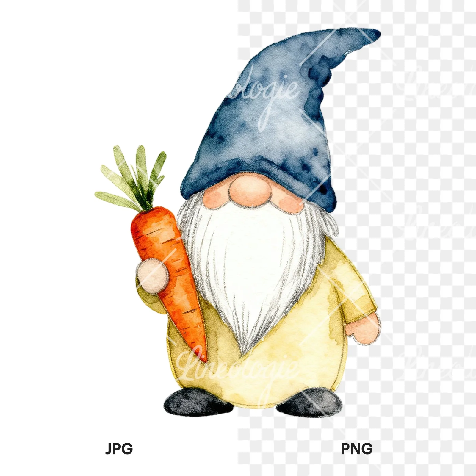 Watercolor sleepy gnome clipart 2 of 9, as a JPG on white and a transparent PNG