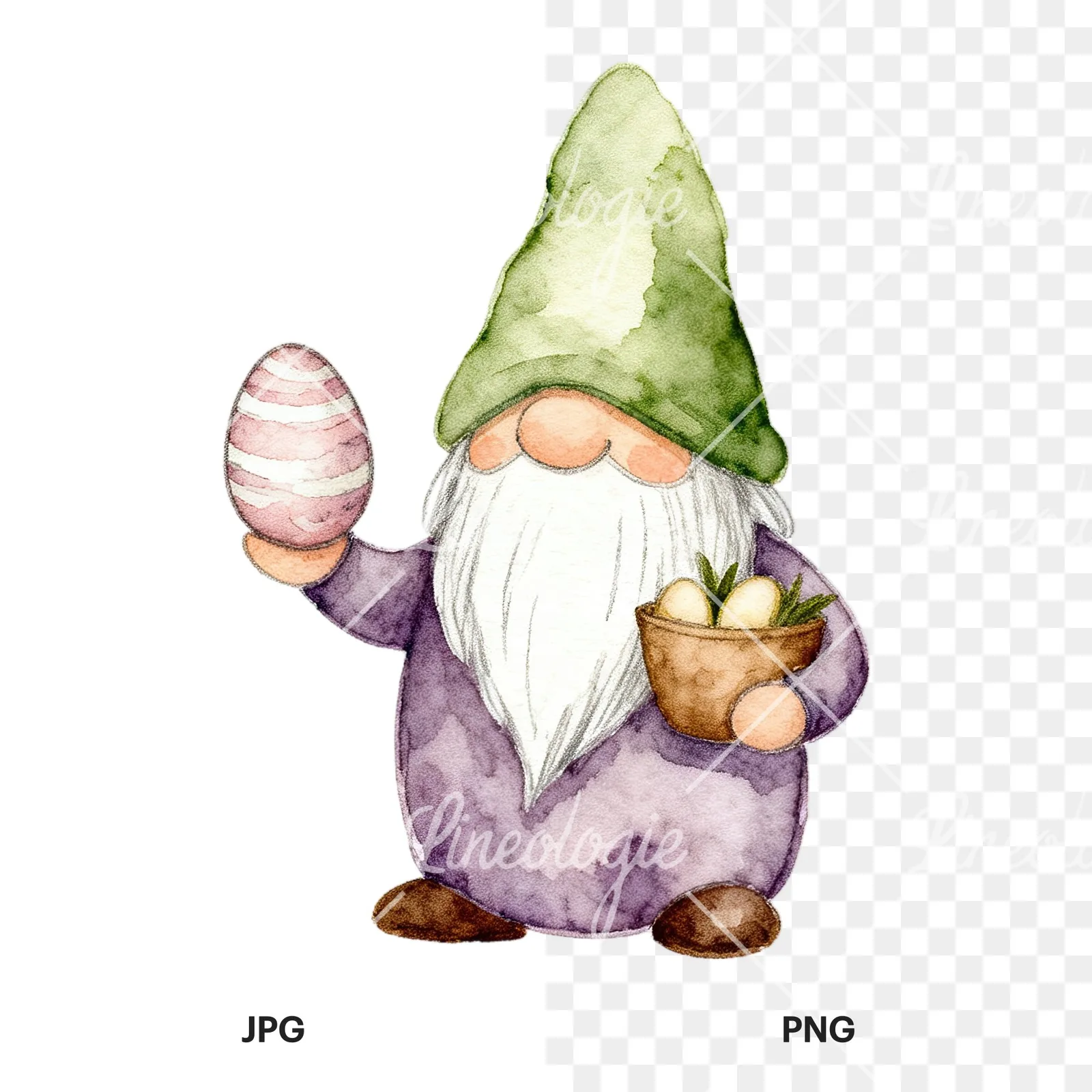 Watercolor sleepy gnome clipart 3 of 9, as a JPG on white and a transparent PNG