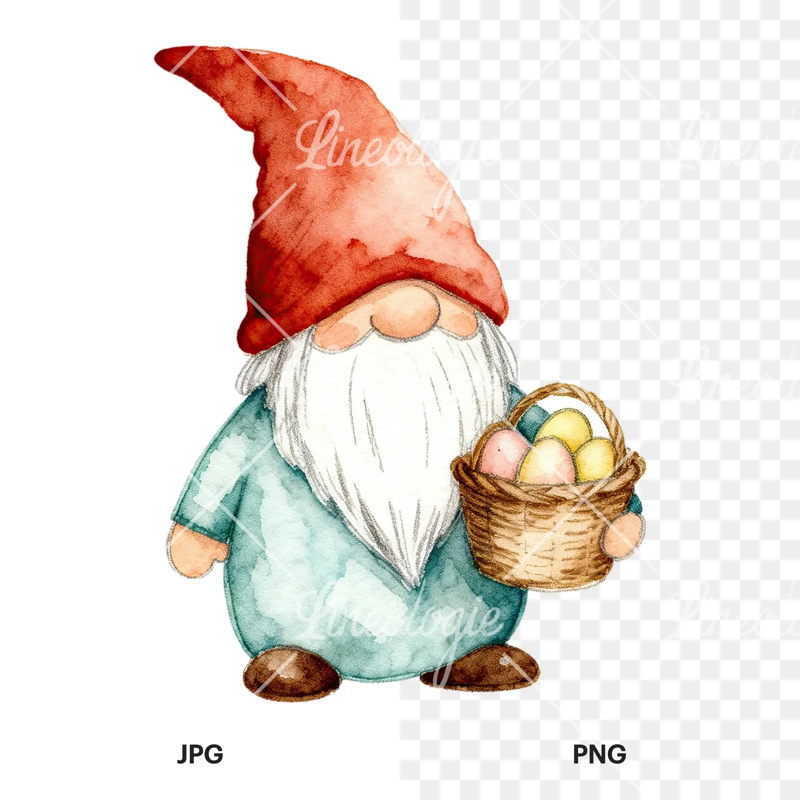 Watercolor sleepy gnome clipart 4 of 9, as a JPG on white and a transparent PNG