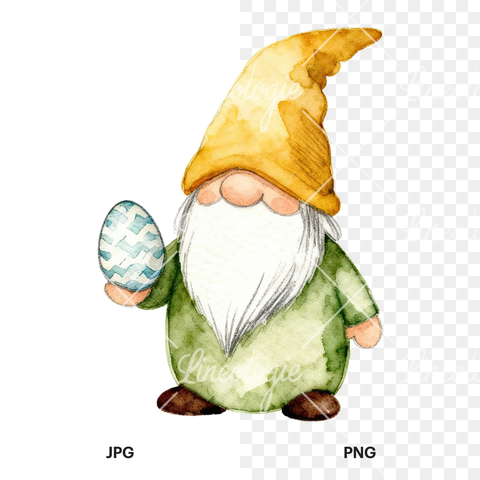 Watercolor sleepy gnome clipart 5 of 9, as a JPG on white and a transparent PNG