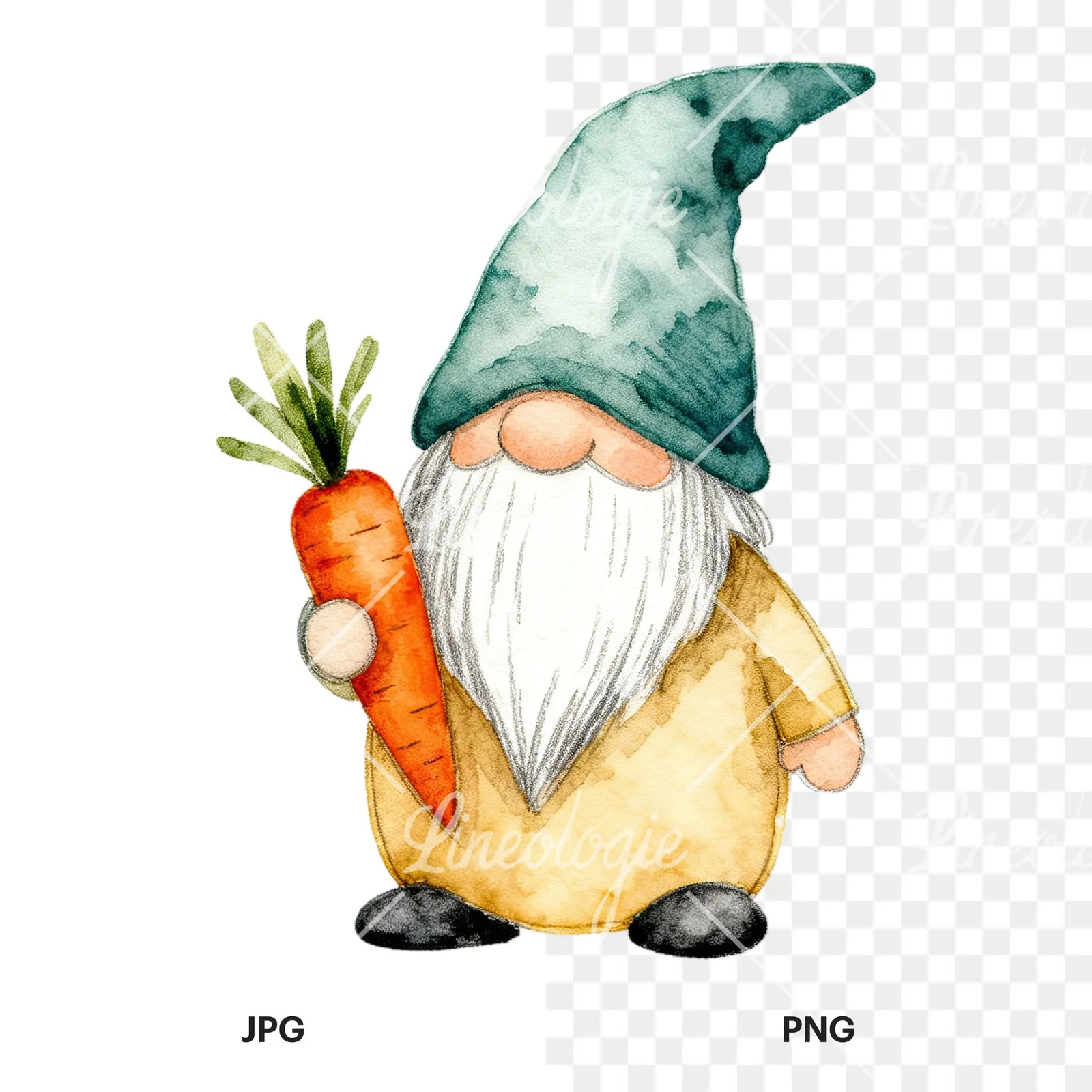 Watercolor sleepy gnome clipart 6 of 9, as a JPG on white and a transparent PNG