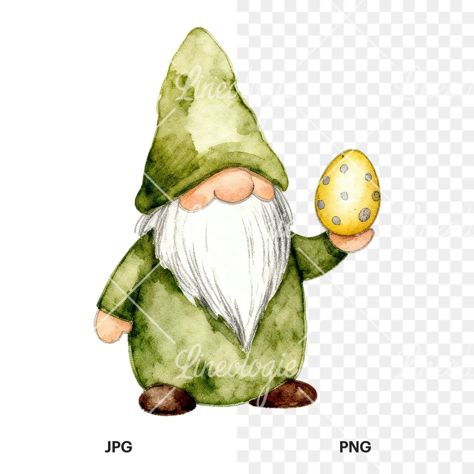 Watercolor sleepy gnome clipart 7 of 9, as a JPG on white and a transparent PNG