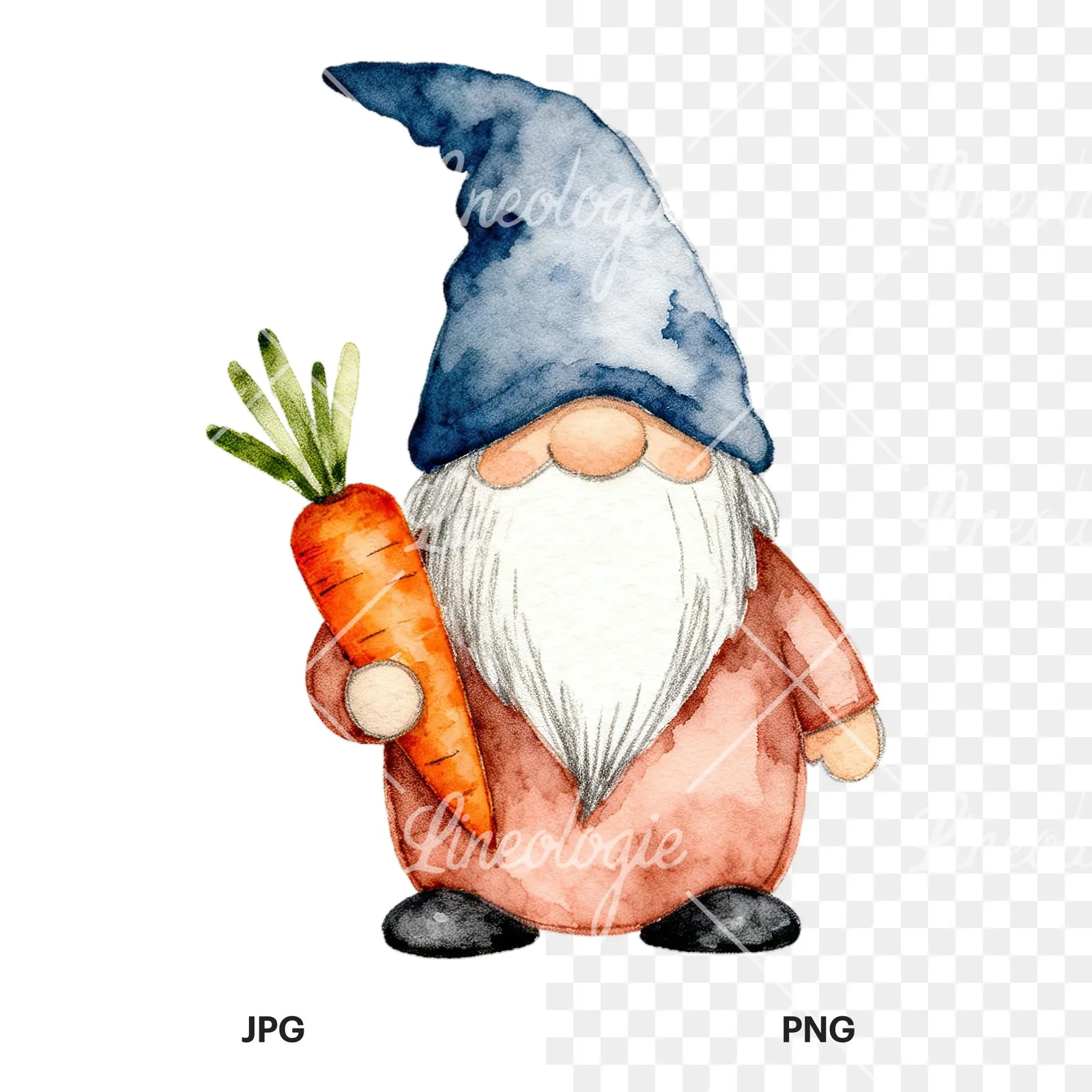 Watercolor sleepy gnome clipart 8 of 9, as a JPG on white and a transparent PNG