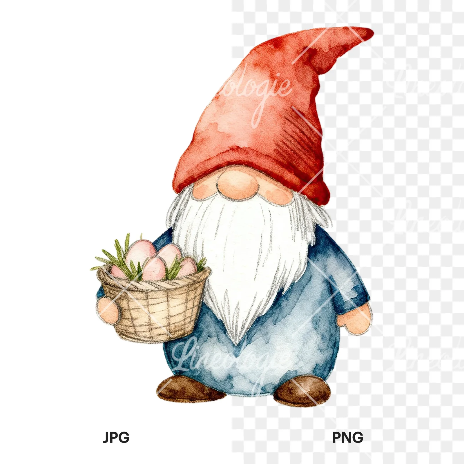 Watercolor sleepy gnome clipart 9 of 9, as a JPG on white and a transparent PNG