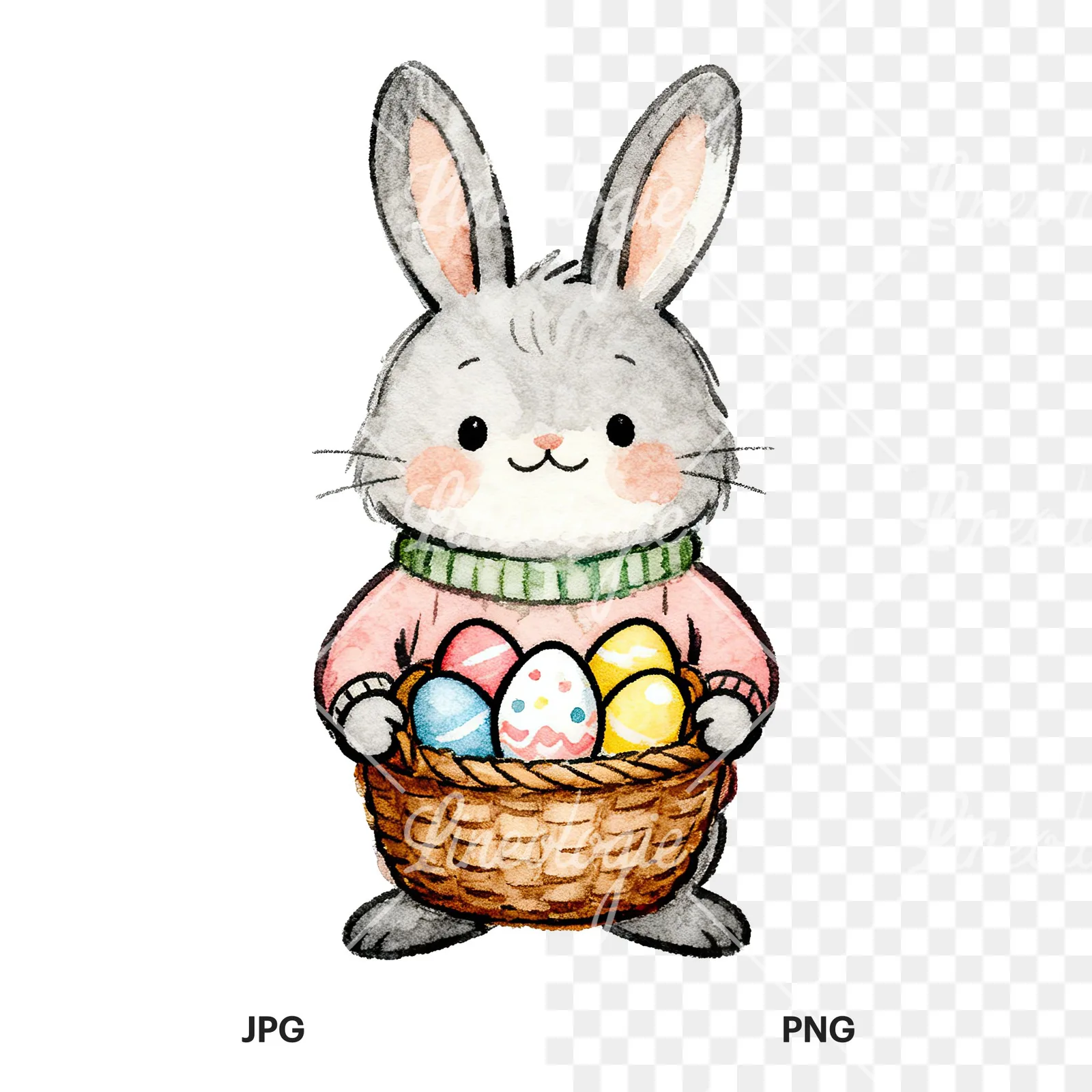 Watercolor bunny clipart 1 of 9, as a JPG on white and a transparent PNG