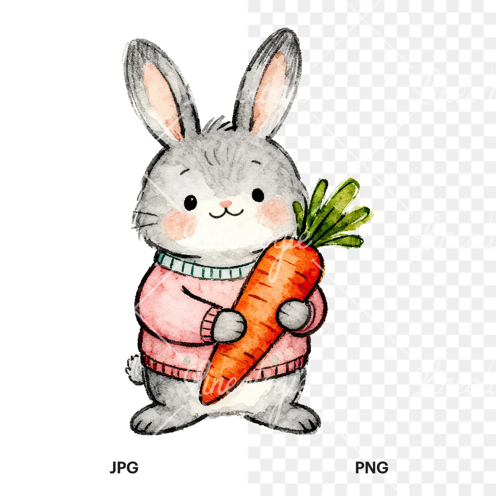 Watercolor bunny clipart 2 of 9, as a JPG on white and a transparent PNG