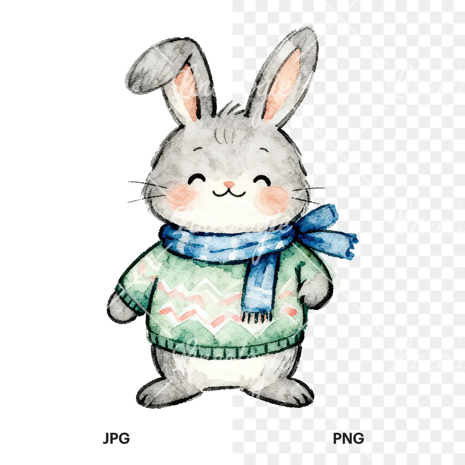 Watercolor bunny clipart 3 of 9, as a JPG on white and a transparent PNG