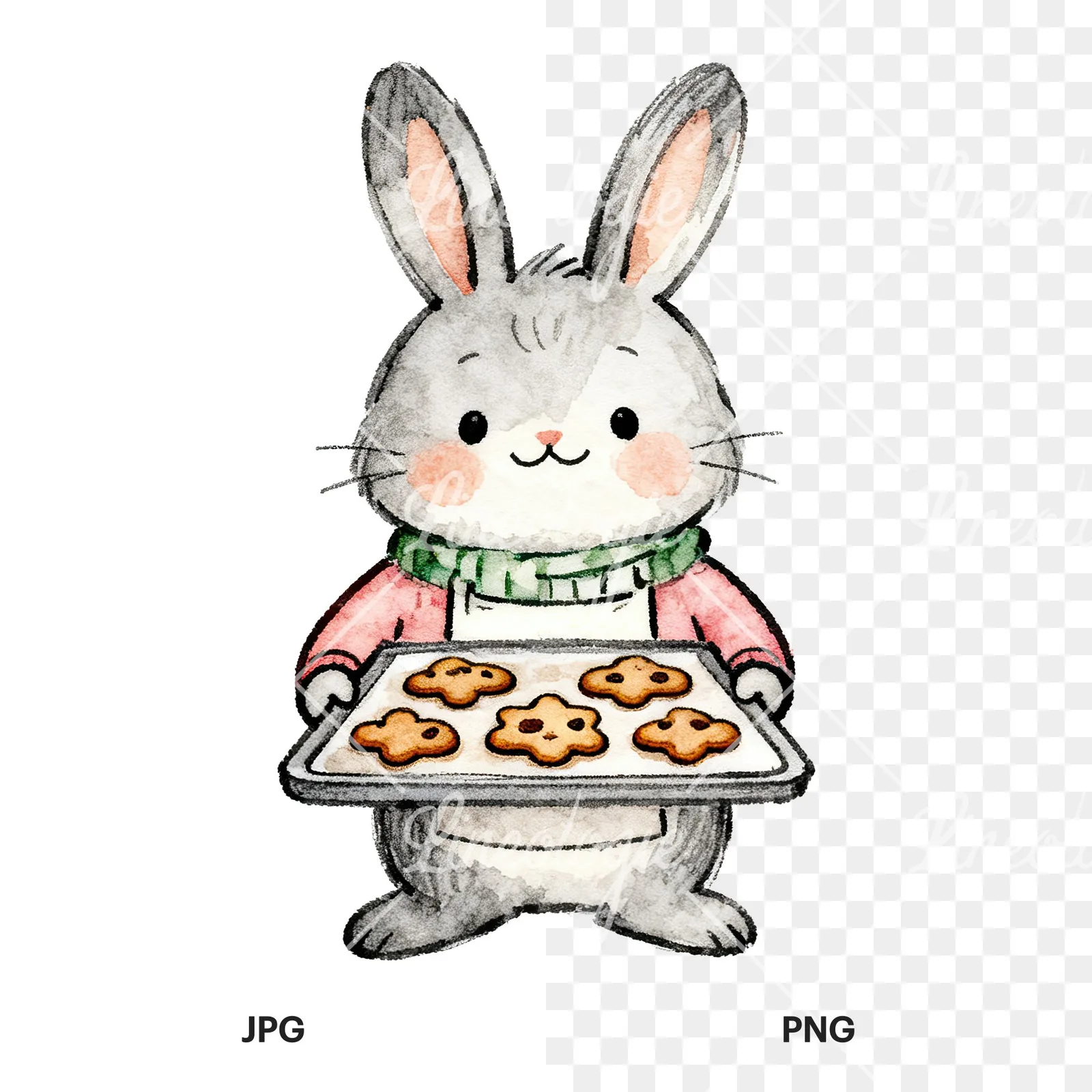 Watercolor bunny clipart 4 of 9, as a JPG on white and a transparent PNG