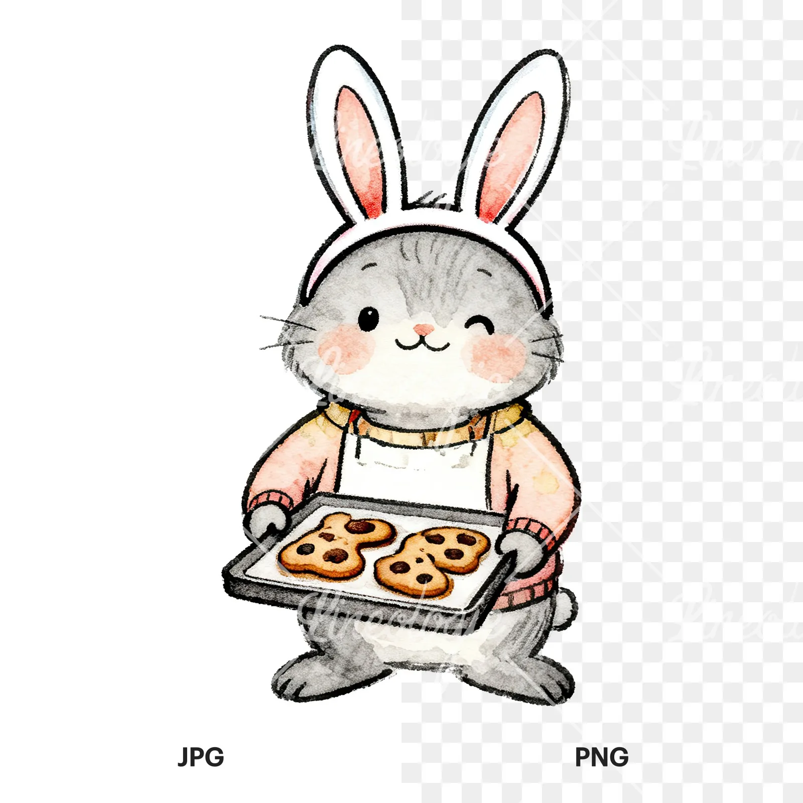 Watercolor bunny clipart 5 of 9, as a JPG on white and a transparent PNG