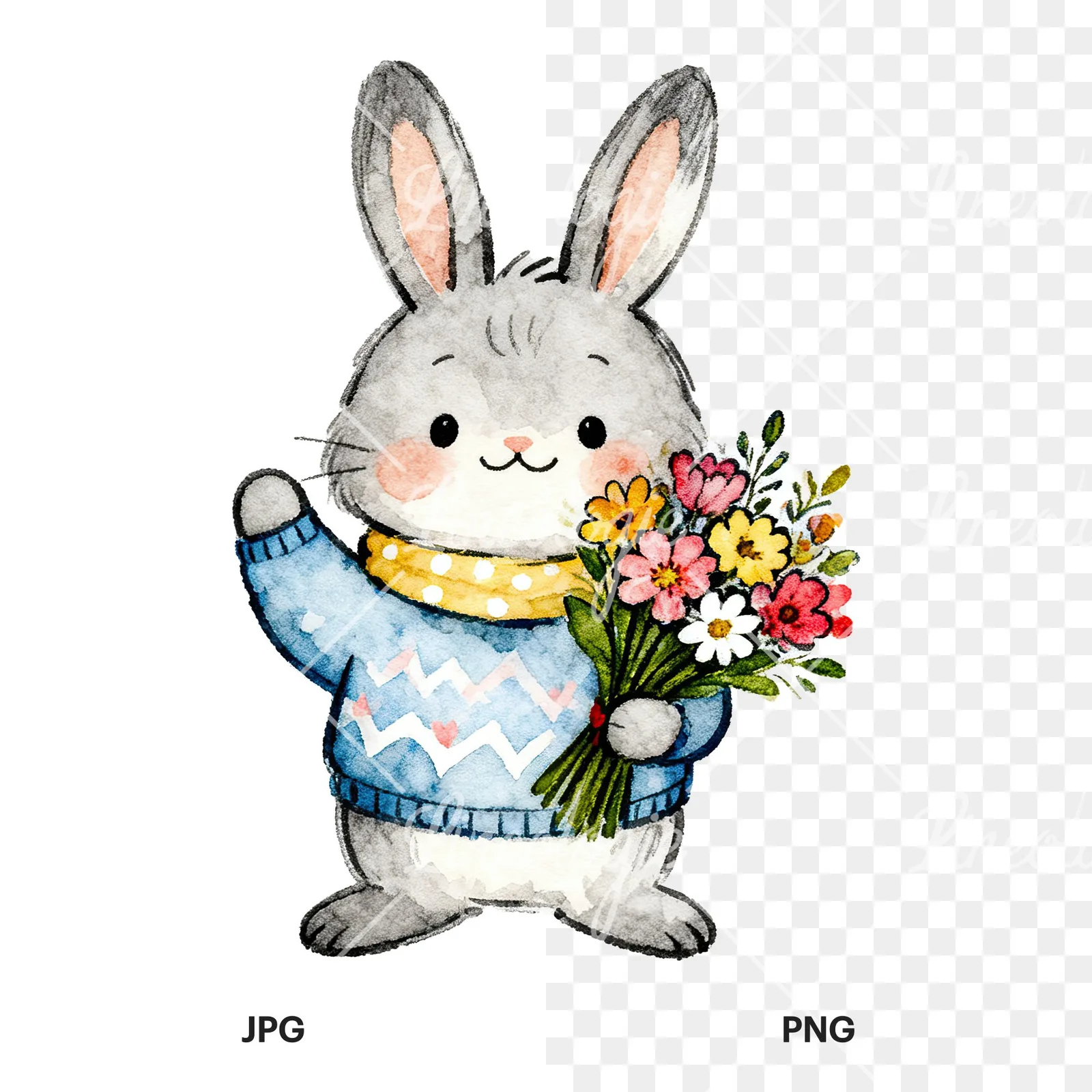 Watercolor bunny clipart 6 of 9, as a JPG on white and a transparent PNG