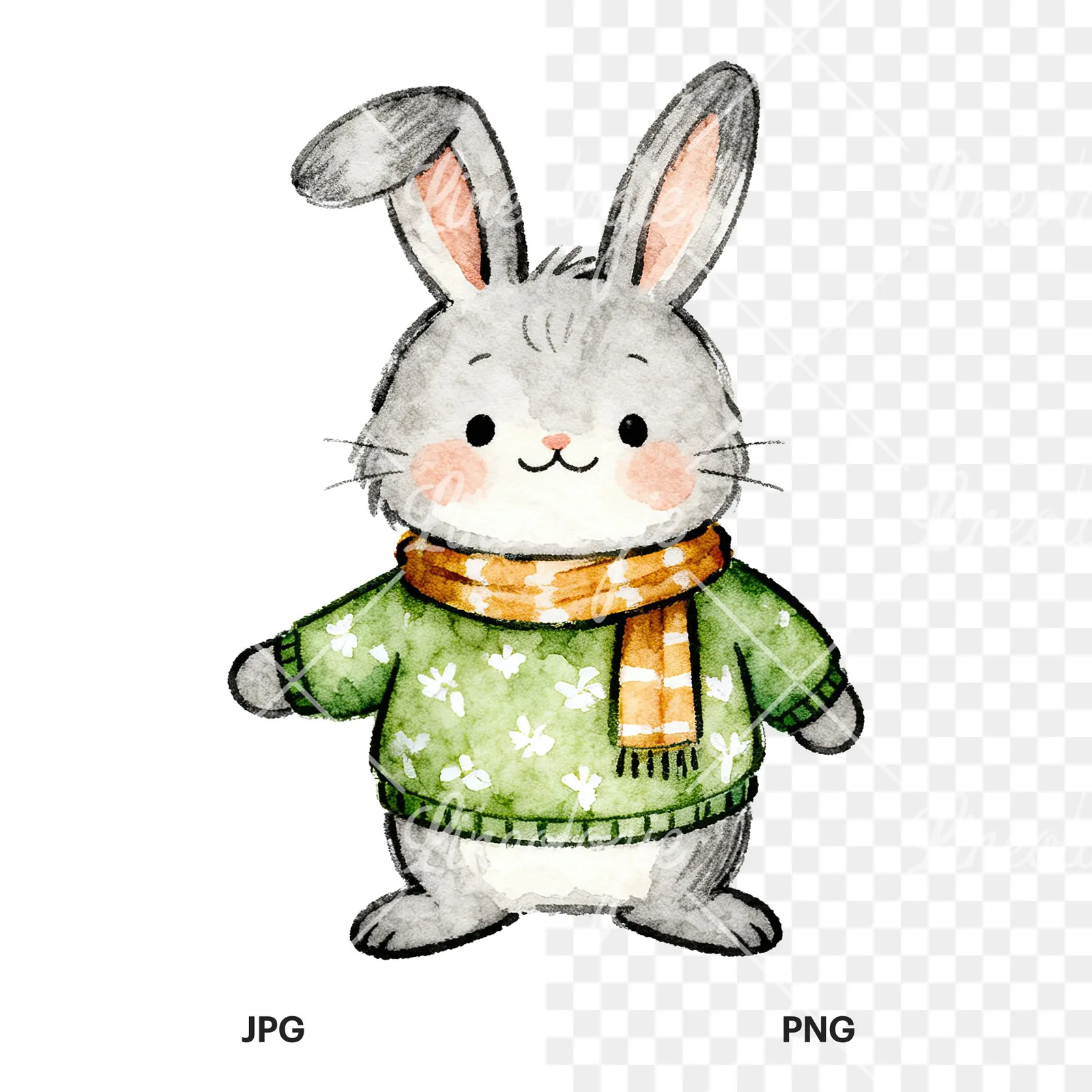 Watercolor bunny clipart 7 of 9, as a JPG on white and a transparent PNG