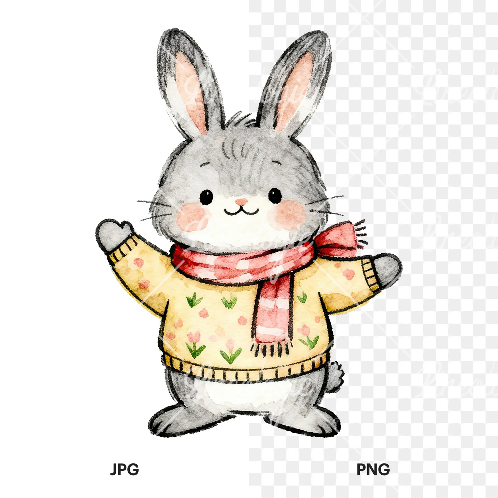 Watercolor bunny clipart 8 of 9, as a JPG on white and a transparent PNG