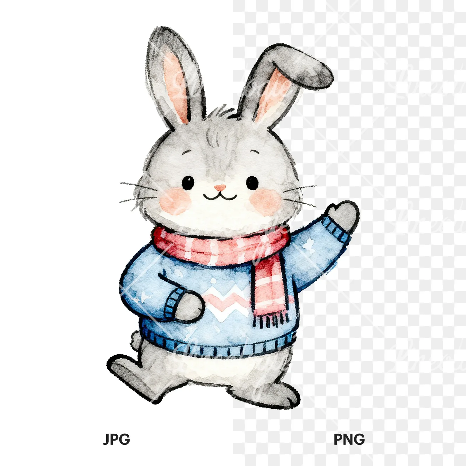 Watercolor bunny clipart 9 of 9, as a JPG on white and a transparent PNG