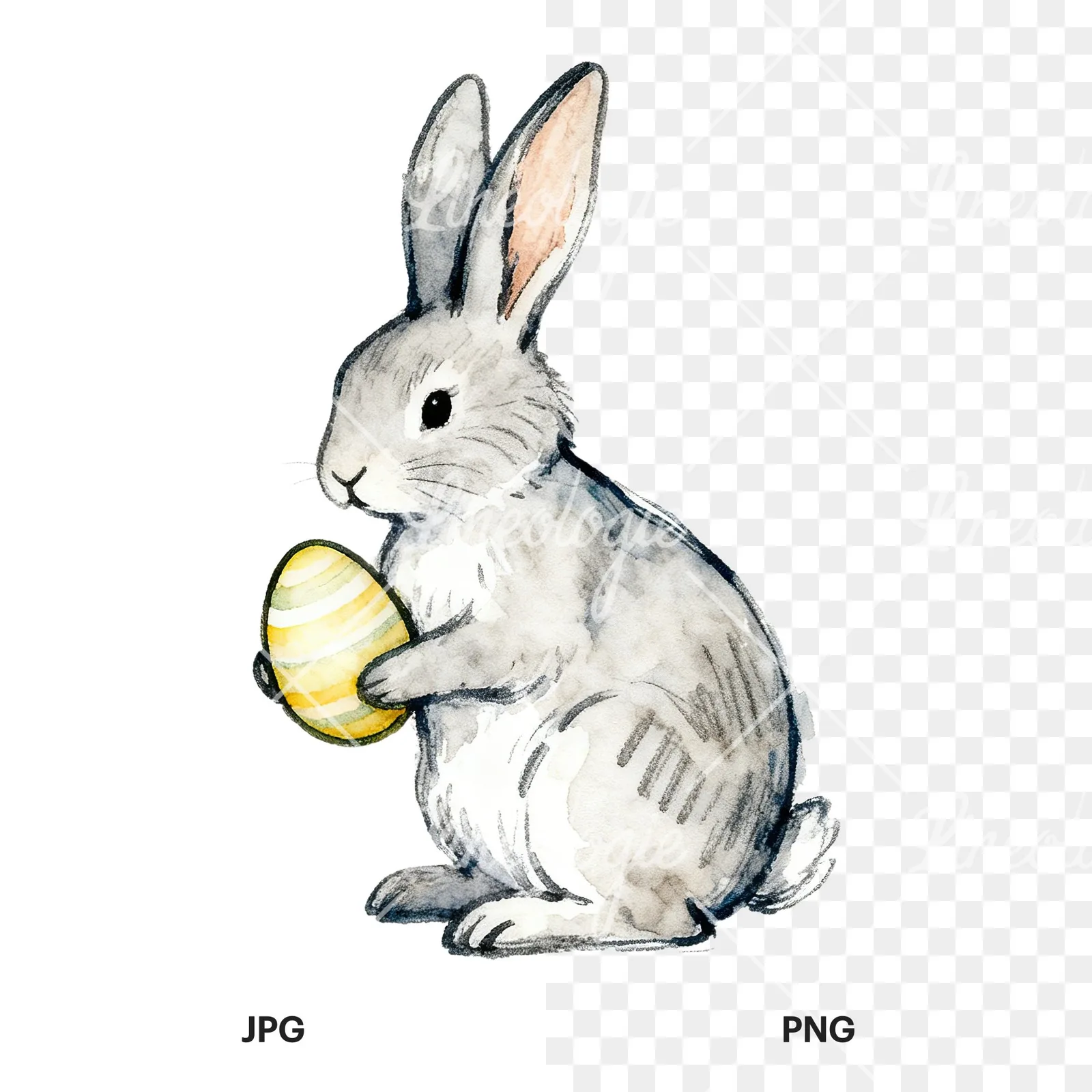 Watercolor bunny rabbit clipart 1 of 9, as a JPG on white and a transparent PNG