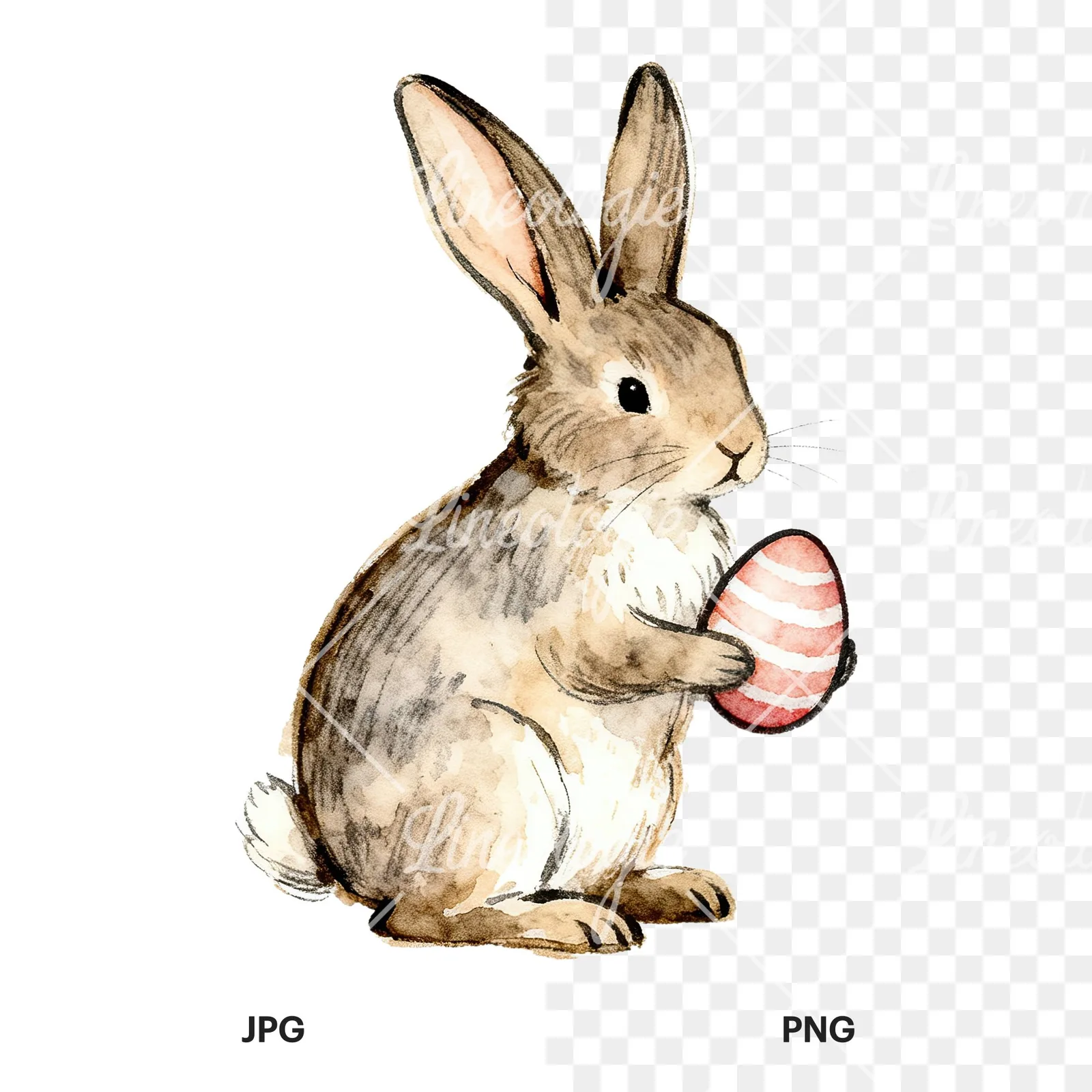 Watercolor bunny rabbit clipart 2 of 9, as a JPG on white and a transparent PNG