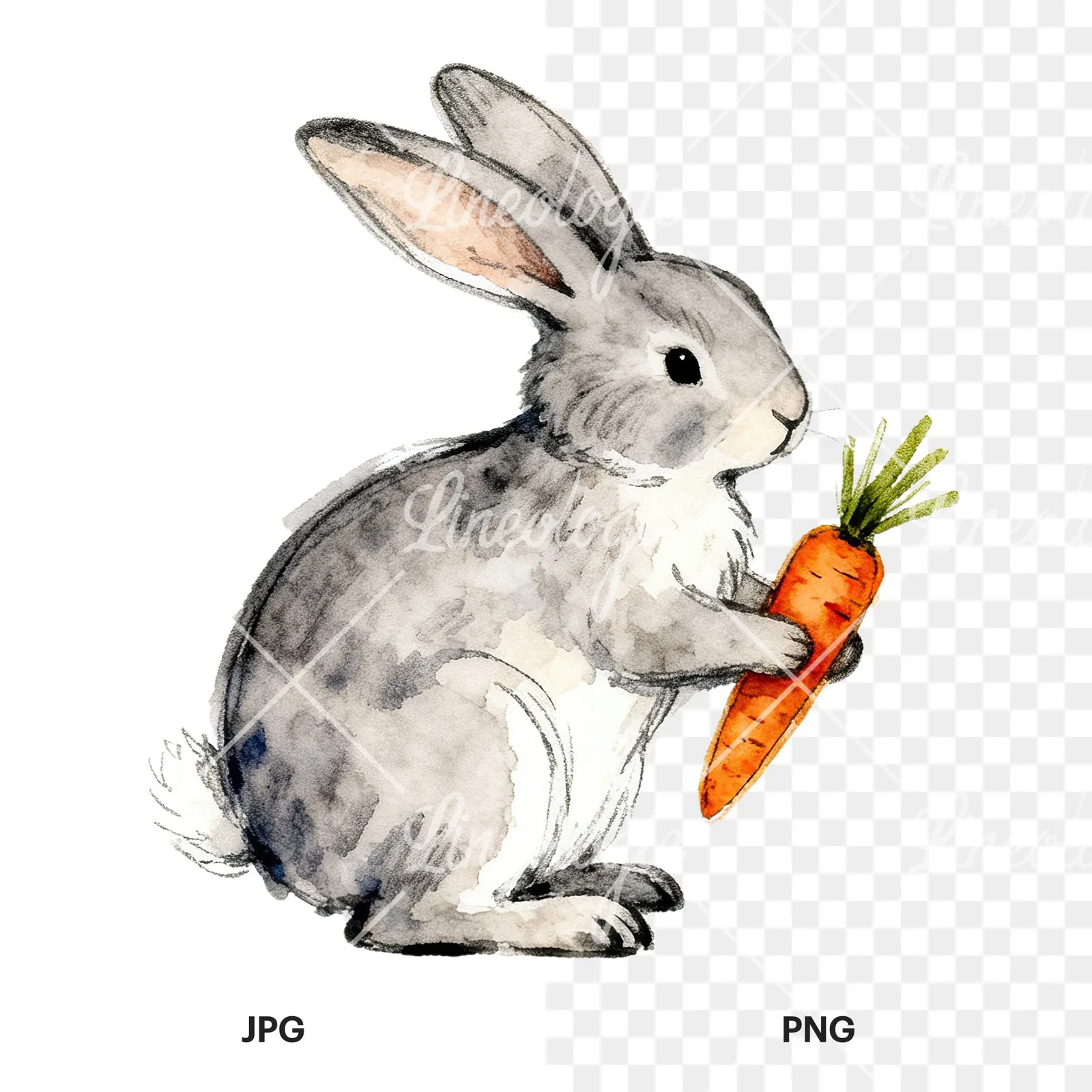 Watercolor bunny rabbit clipart 3 of 9, as a JPG on white and a transparent PNG