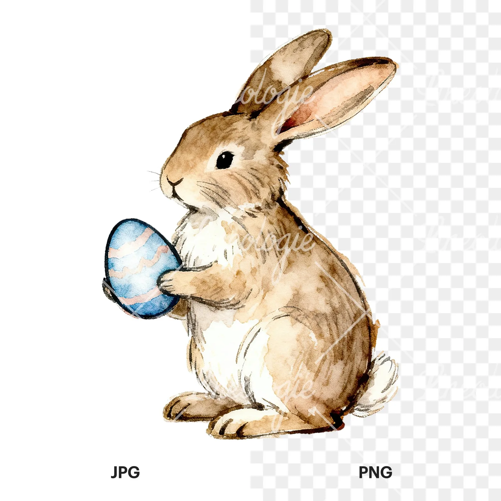 Watercolor bunny rabbit clipart 4 of 9, as a JPG on white and a transparent PNG