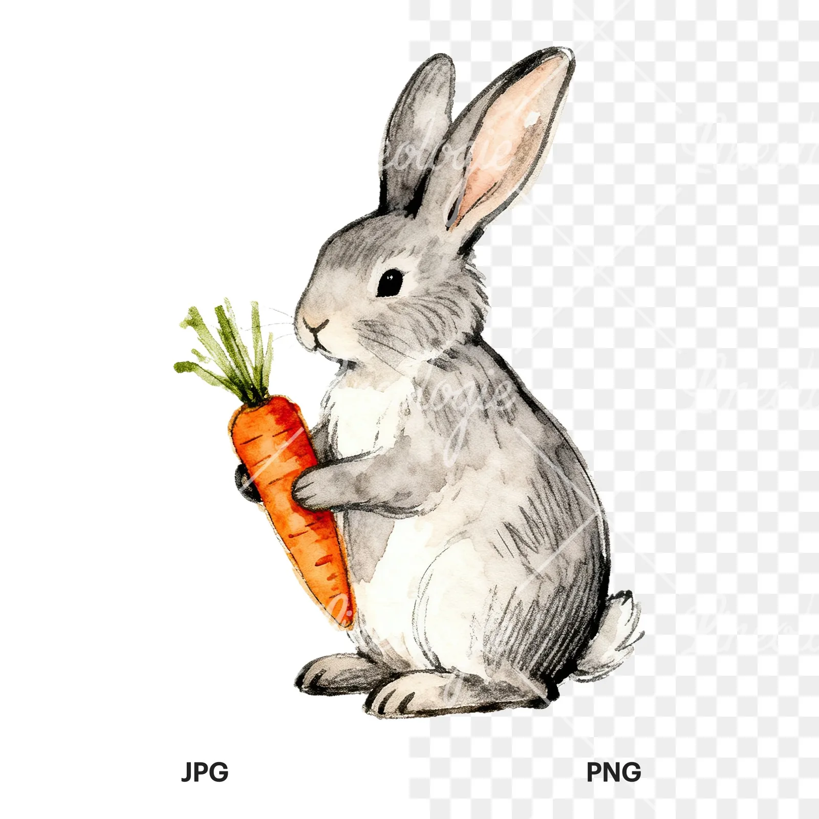 Watercolor bunny rabbit clipart 6 of 9, as a JPG on white and a transparent PNG