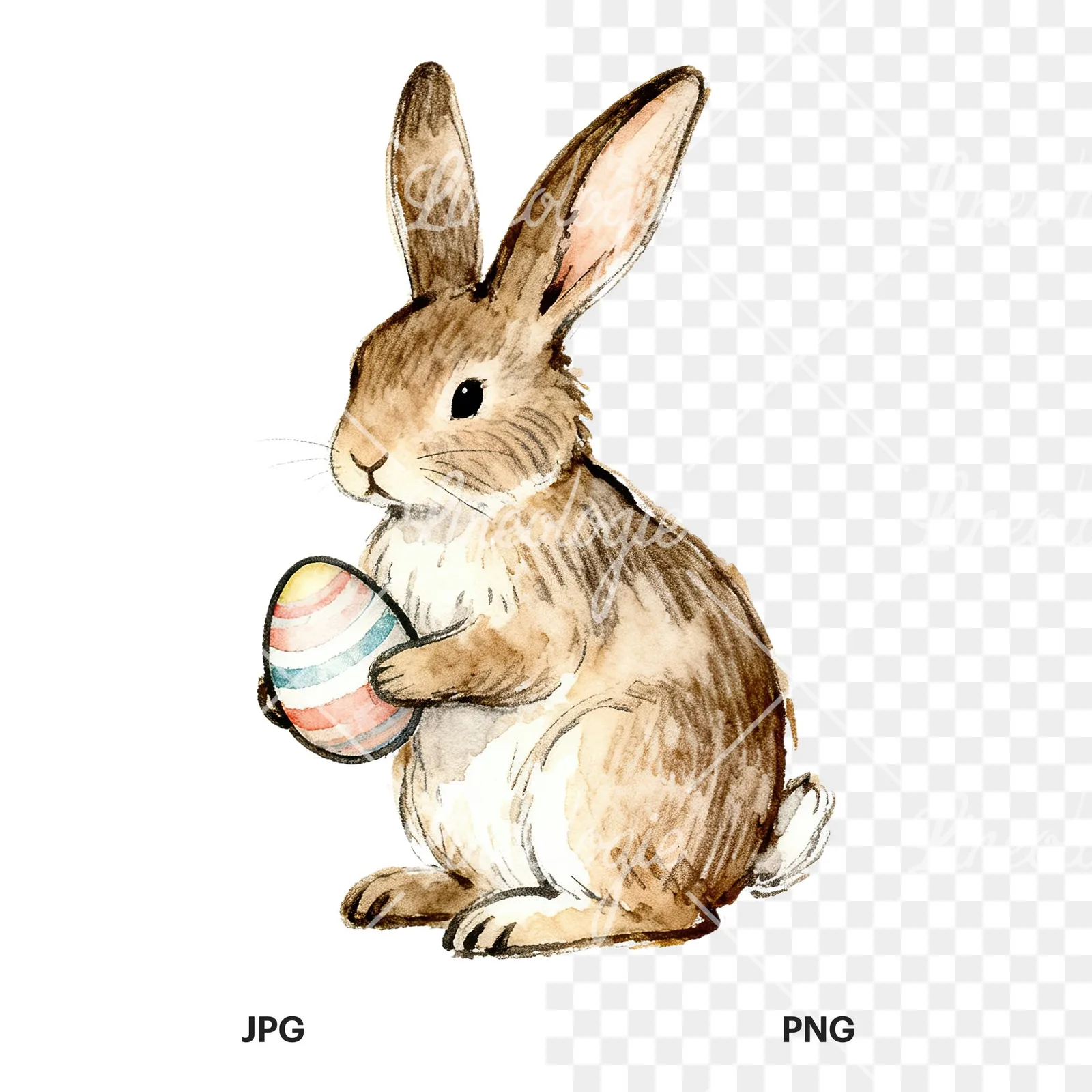 Watercolor bunny rabbit clipart 7 of 9, as a JPG on white and a transparent PNG