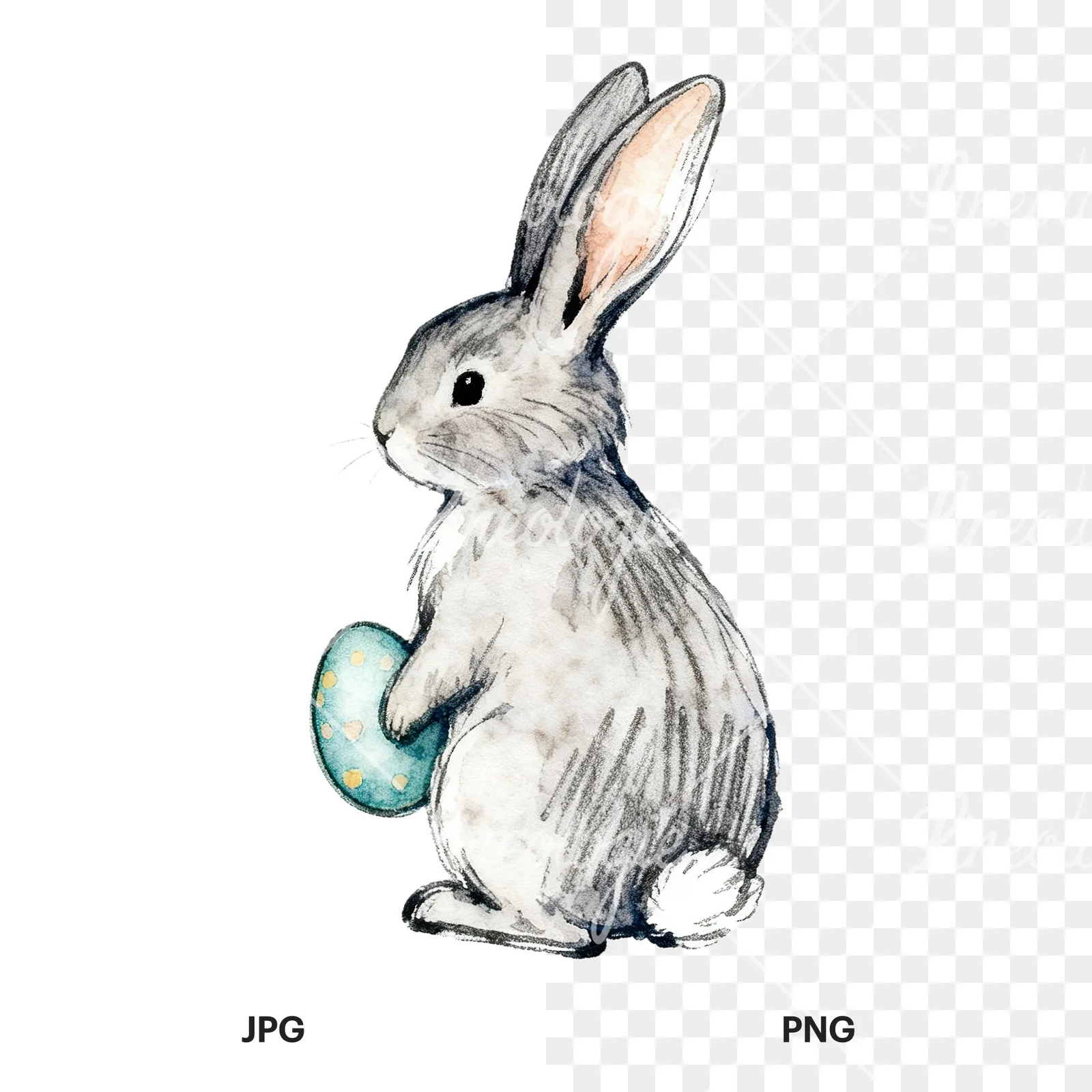 Watercolor bunny rabbit clipart 8 of 9, as a JPG on white and a transparent PNG