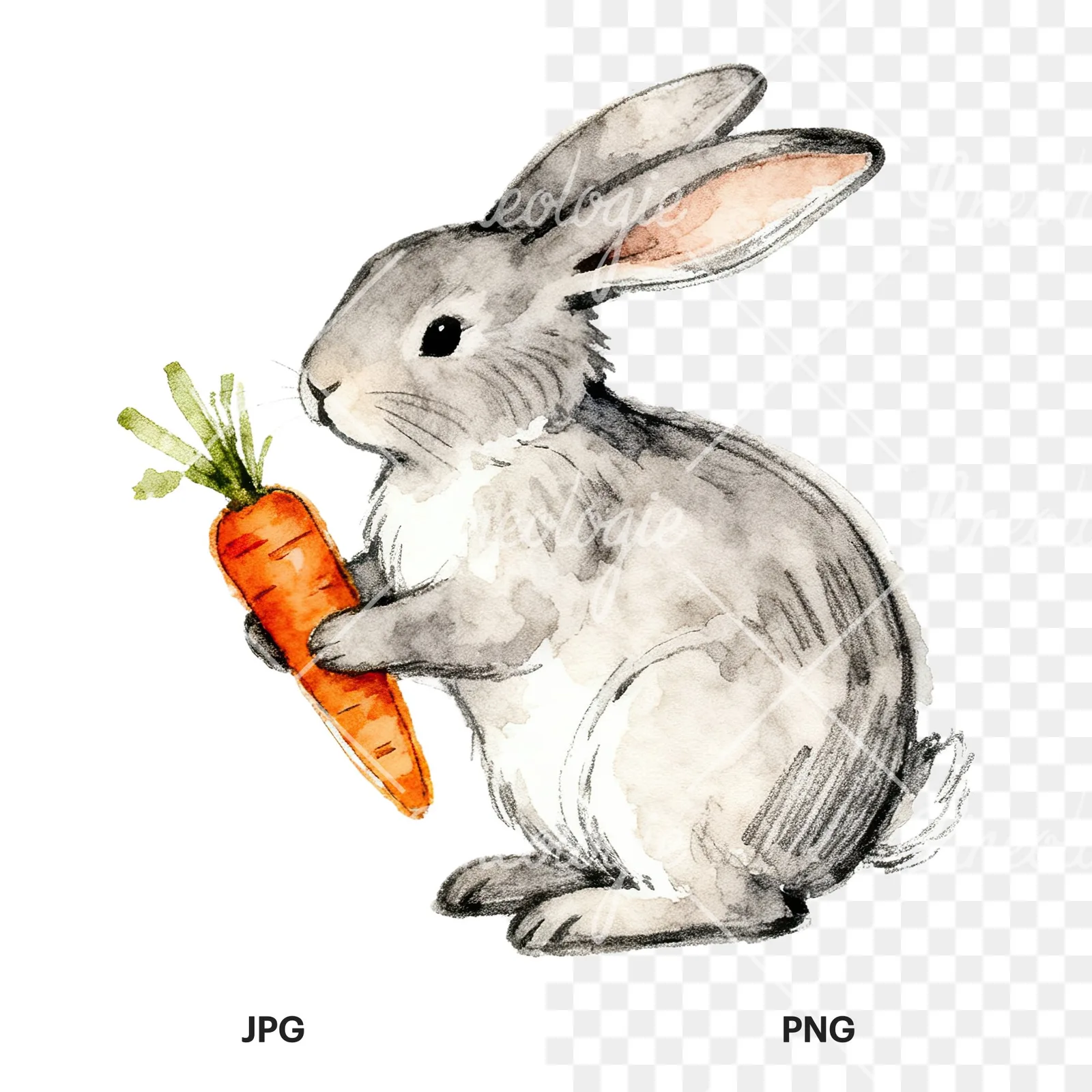 Watercolor bunny rabbit clipart 9 of 9, as a JPG on white and a transparent PNG