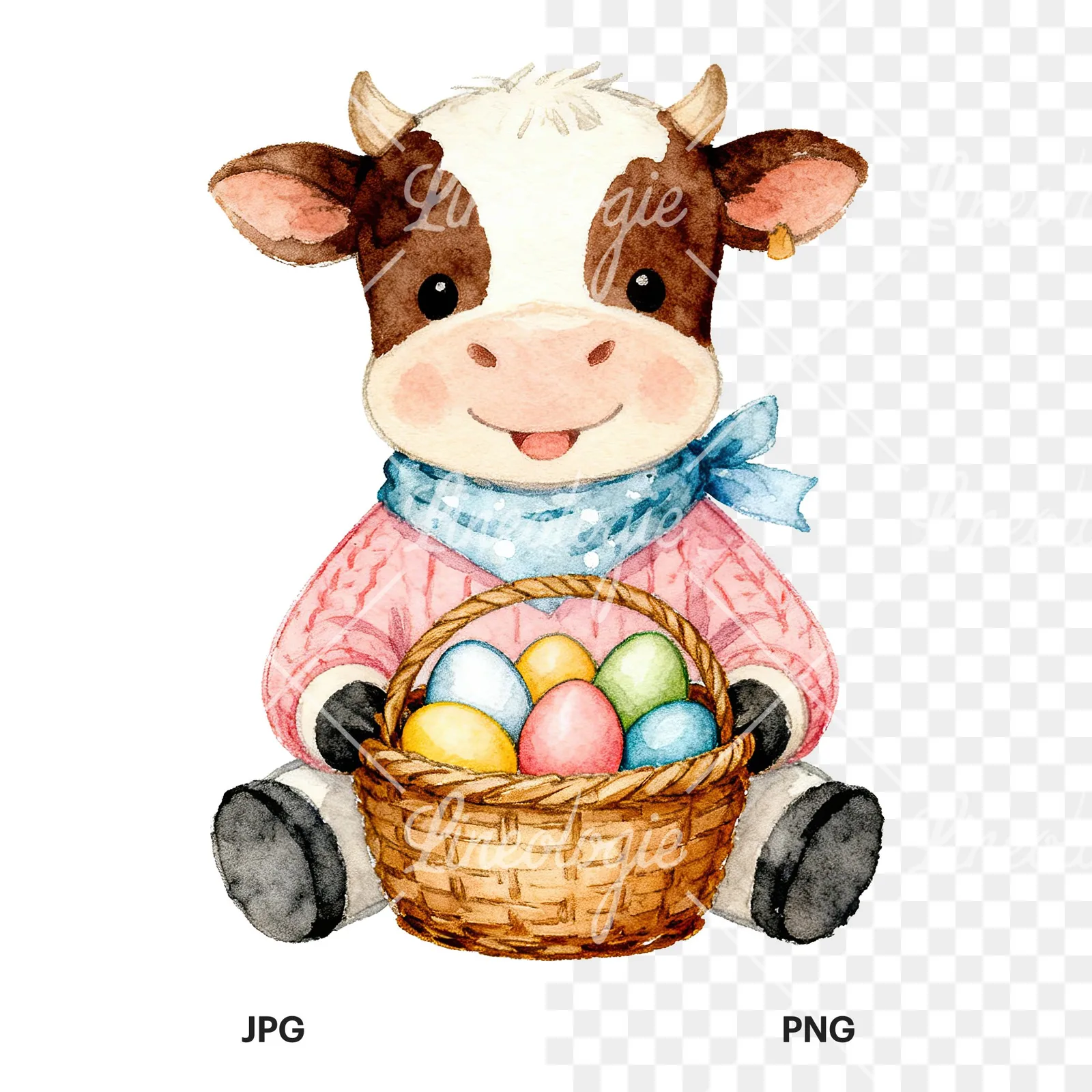 Watercolor Easter calf painting egg clipart 1 of 9, as a JPG on white and a transparent PNG