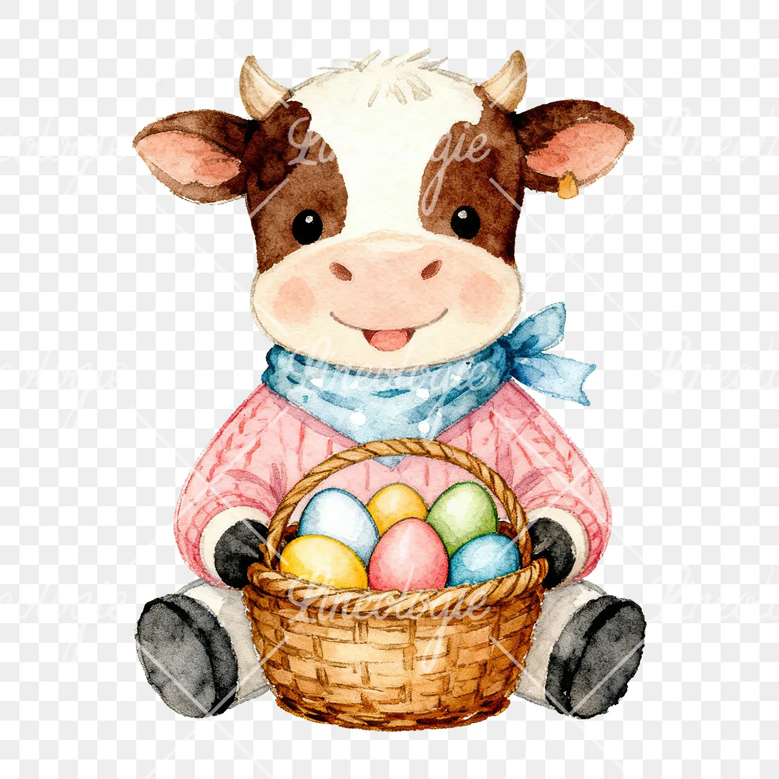 Watercolor Easter calf painting egg clipart 1 of 9 on a transparent background (PNG)