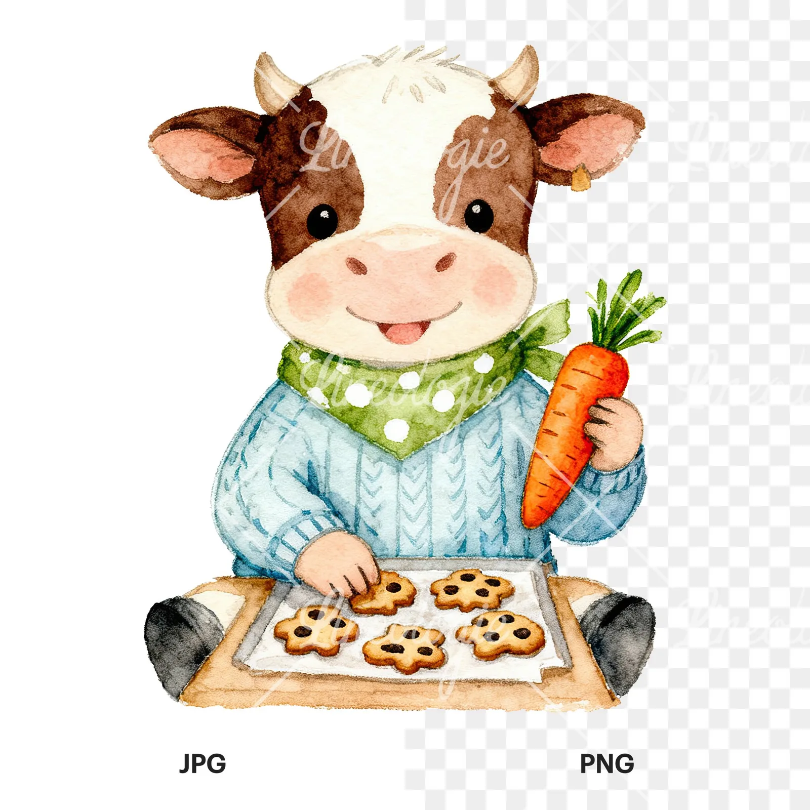 Watercolor Easter calf painting egg clipart 2 of 9, as a JPG on white and a transparent PNG