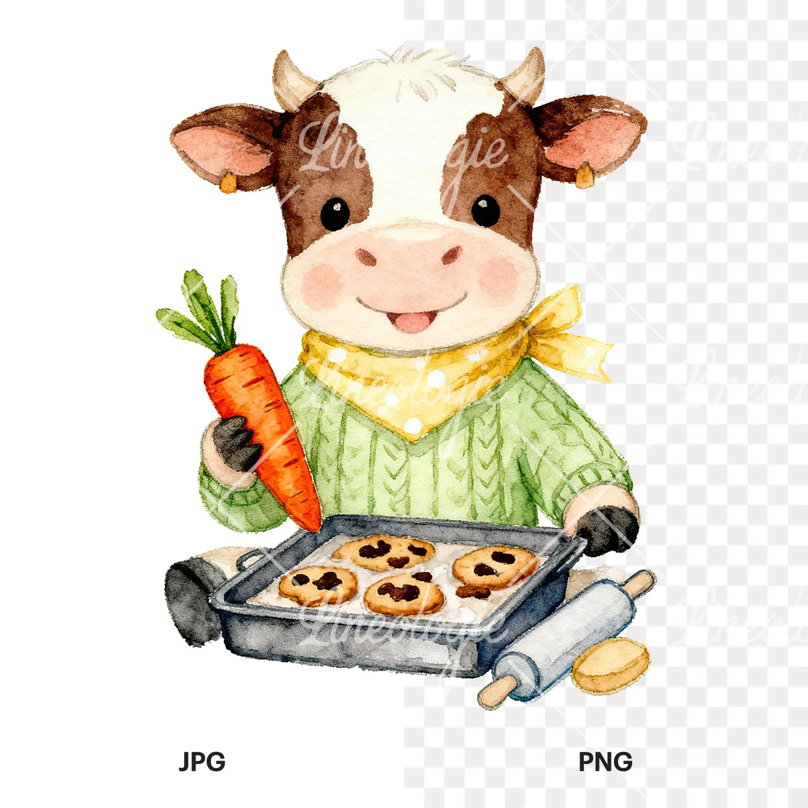 Watercolor Easter calf painting egg clipart 3 of 9, as a JPG on white and a transparent PNG