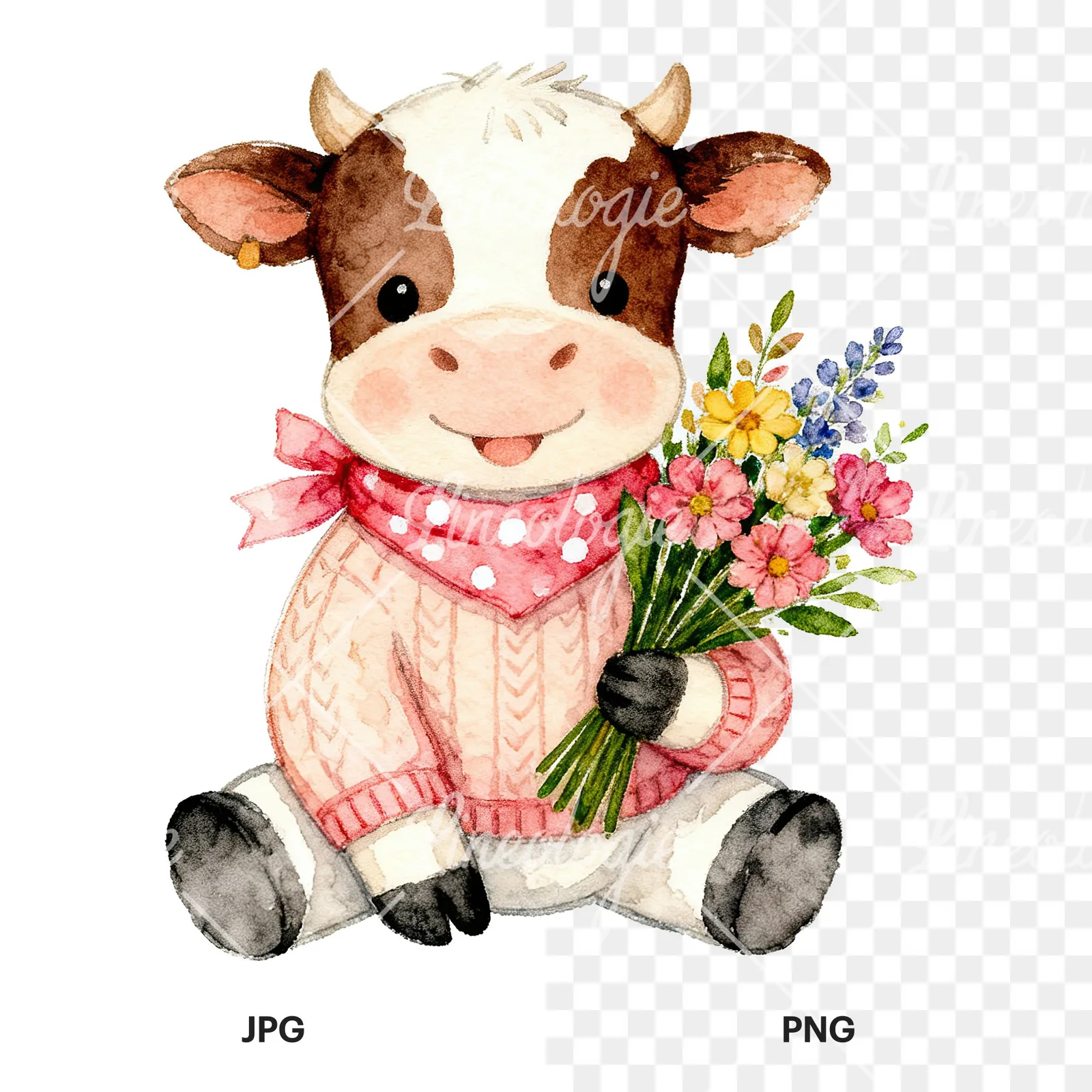 Watercolor Easter calf painting egg clipart 4 of 9, as a JPG on white and a transparent PNG