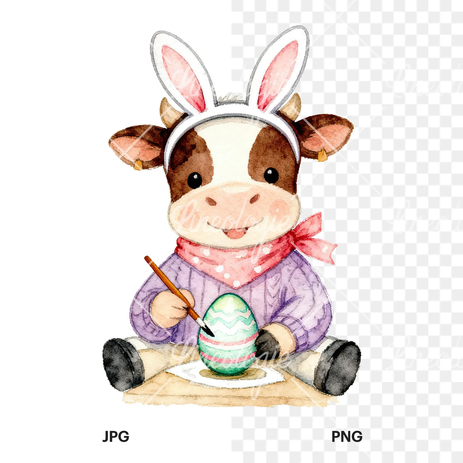 Watercolor Easter calf painting egg clipart 5 of 9, as a JPG on white and a transparent PNG