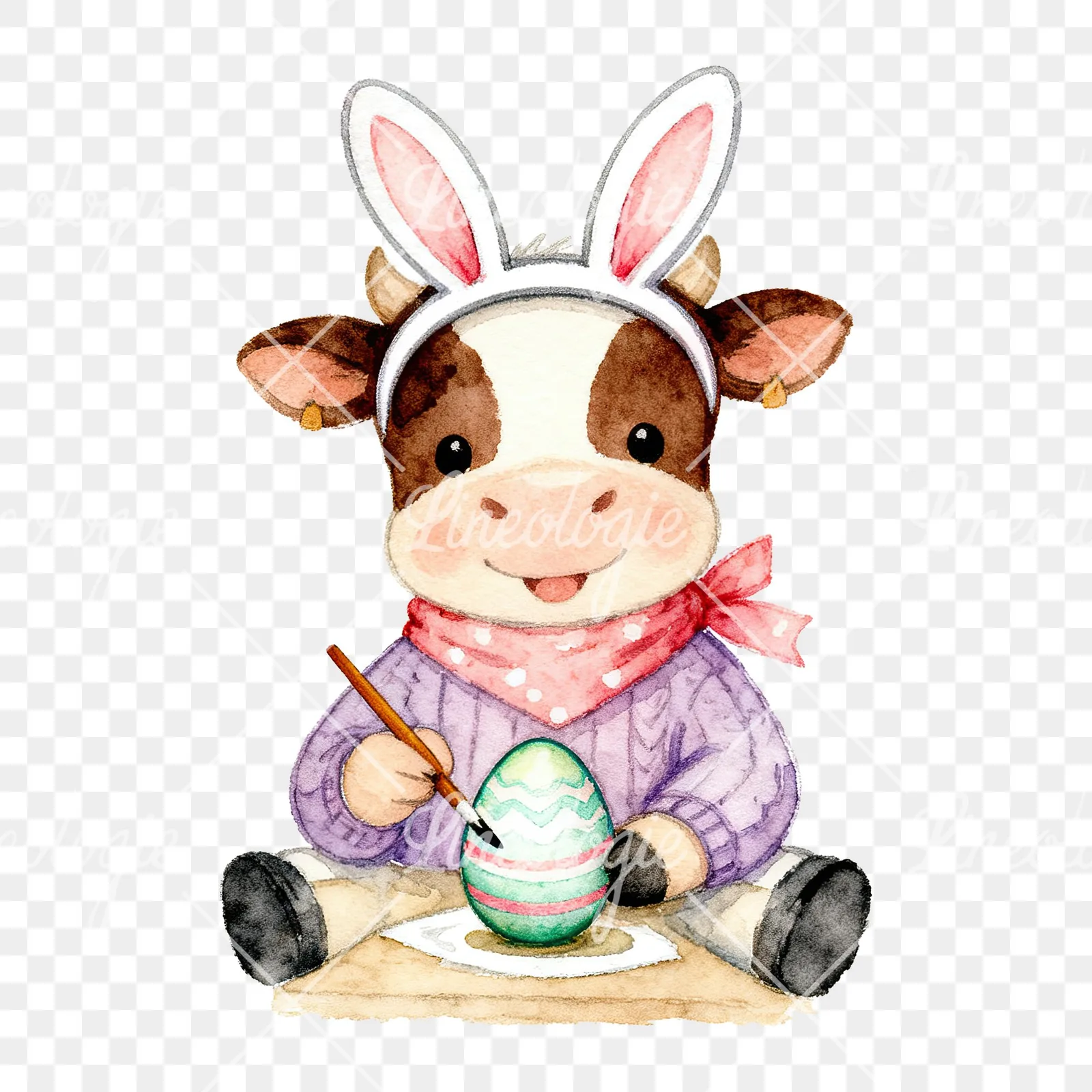 Watercolor Easter calf painting egg clipart 5 of 9 on a transparent background (PNG)