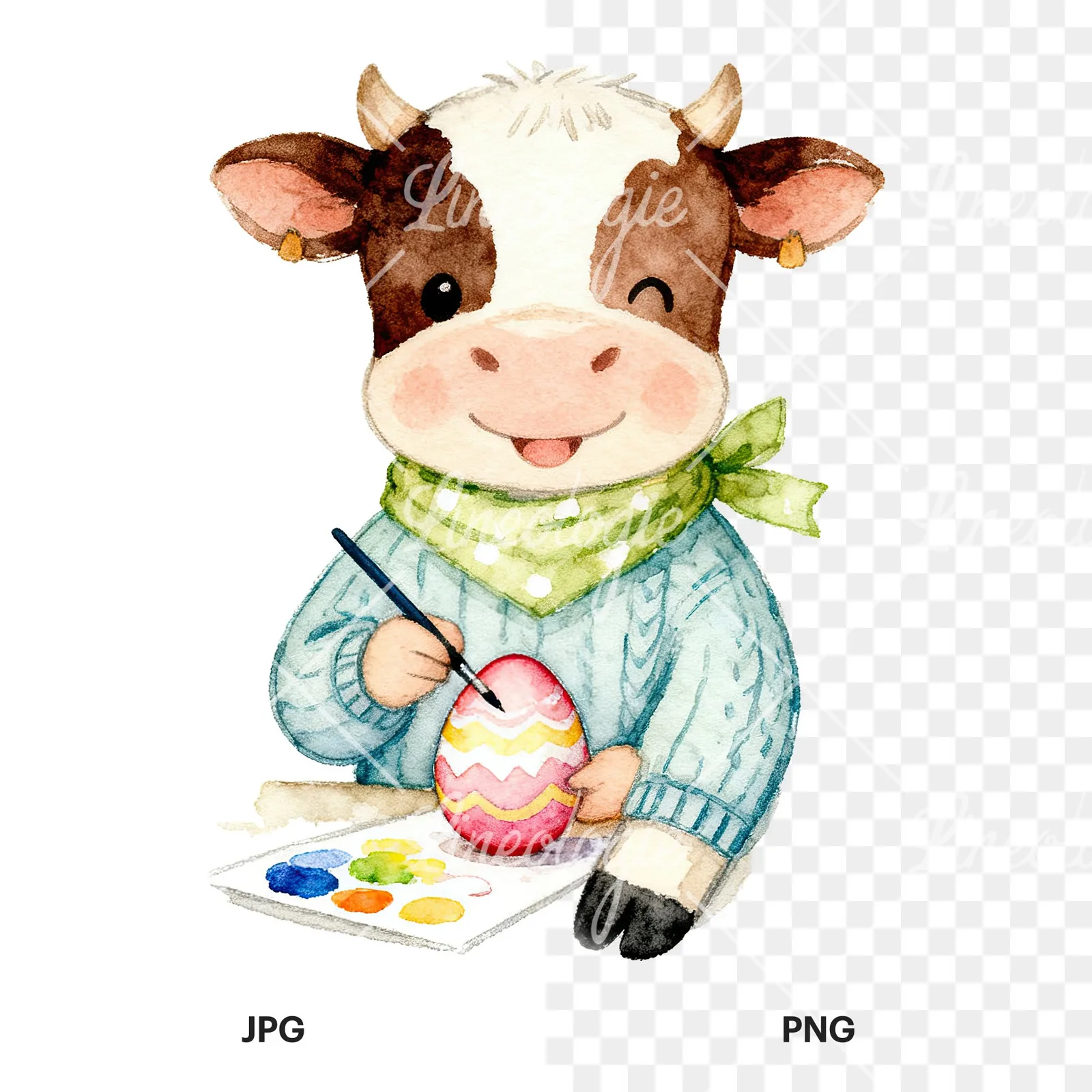 Watercolor Easter calf painting egg clipart 6 of 9, as a JPG on white and a transparent PNG