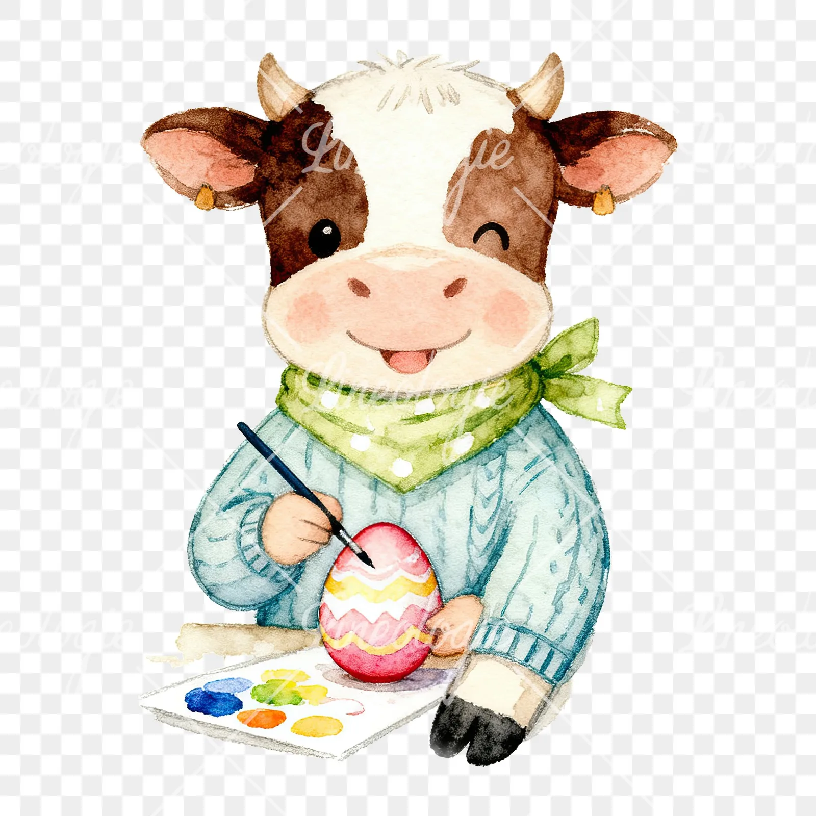 Watercolor Easter calf painting egg clipart 6 of 9 on a transparent background (PNG)