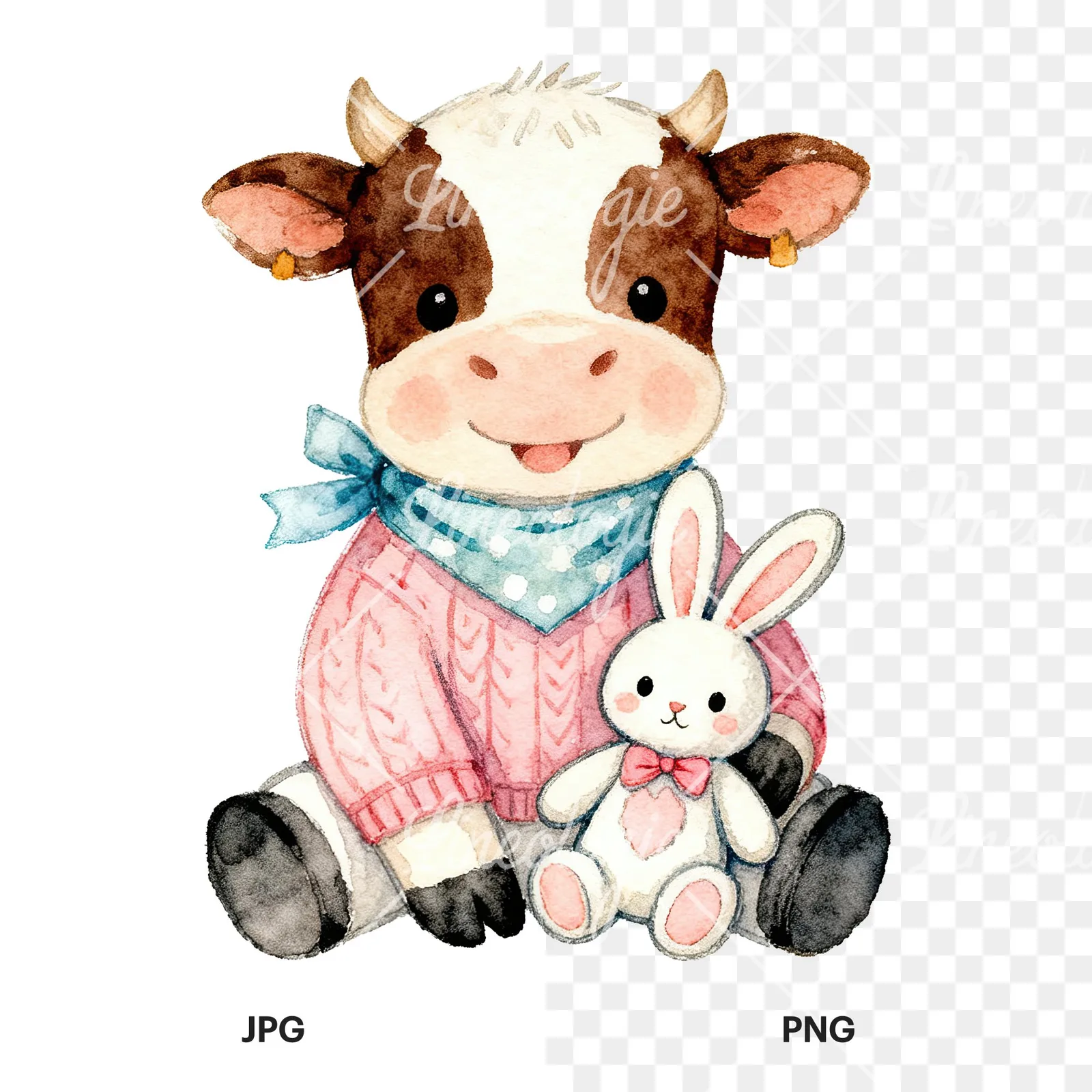 Watercolor Easter calf painting egg clipart 7 of 9, as a JPG on white and a transparent PNG