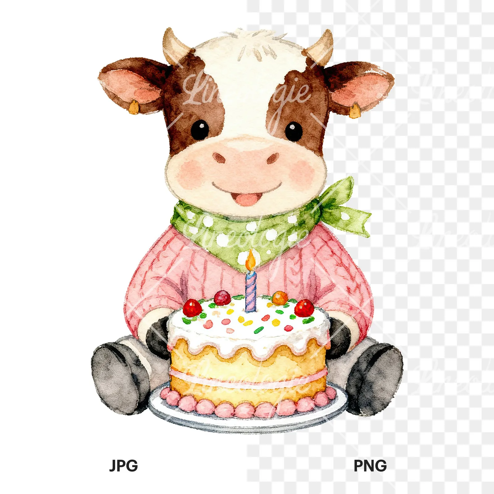 Watercolor Easter calf painting egg clipart 8 of 9, as a JPG on white and a transparent PNG