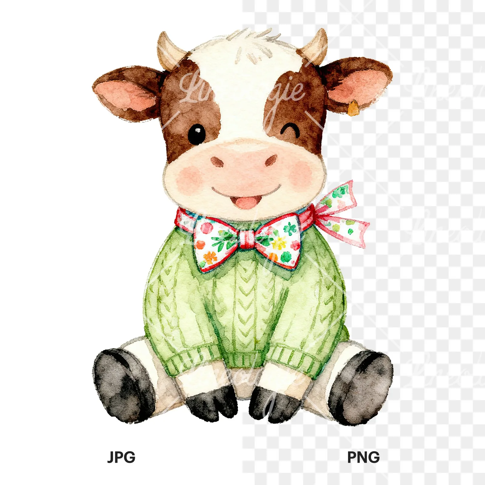 Watercolor Easter calf painting egg clipart 9 of 9, as a JPG on white and a transparent PNG
