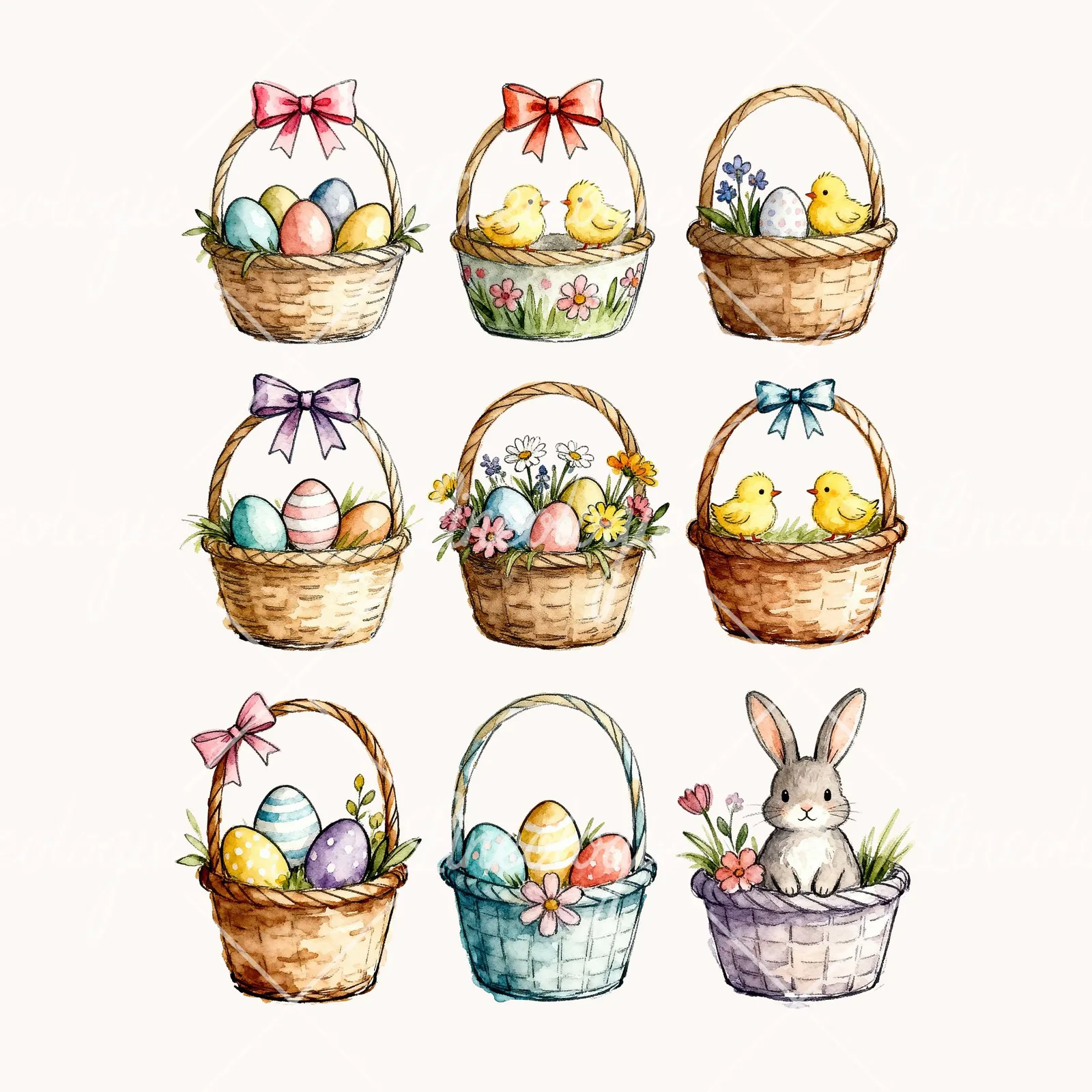 Watercolor Easter Basket with Chicks and Bows Clipart, all 9 illustrations in the pack