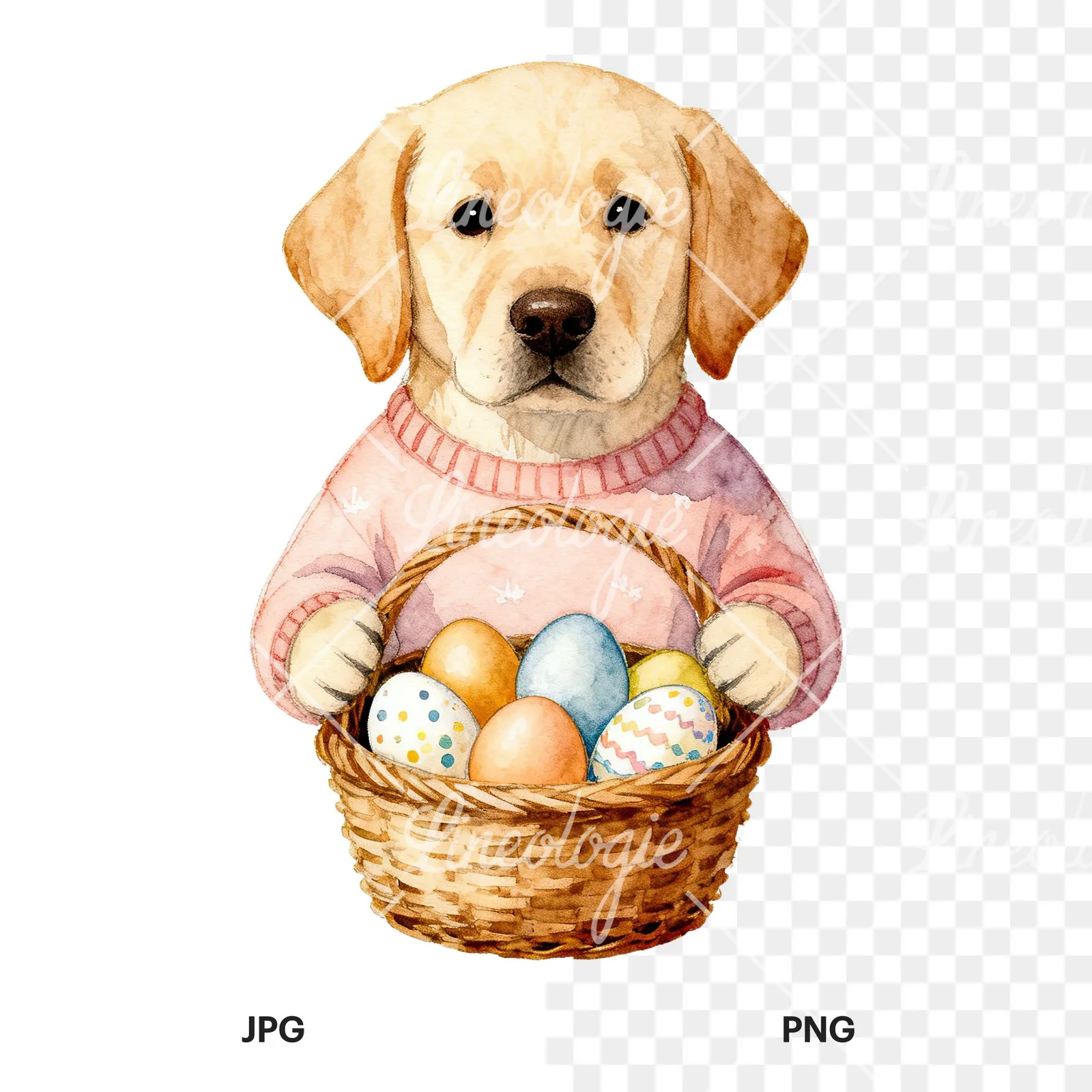Watercolor Easter puppy with egg sweater clipart 1 of 9, as a JPG on white and a transparent PNG