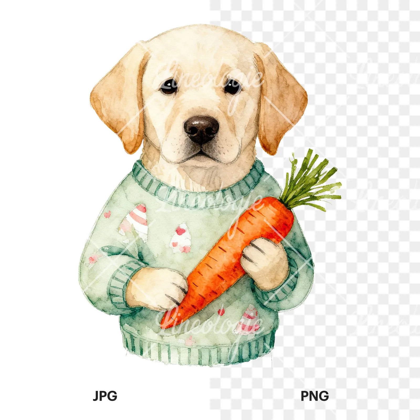Watercolor Easter puppy with egg sweater clipart 2 of 9, as a JPG on white and a transparent PNG