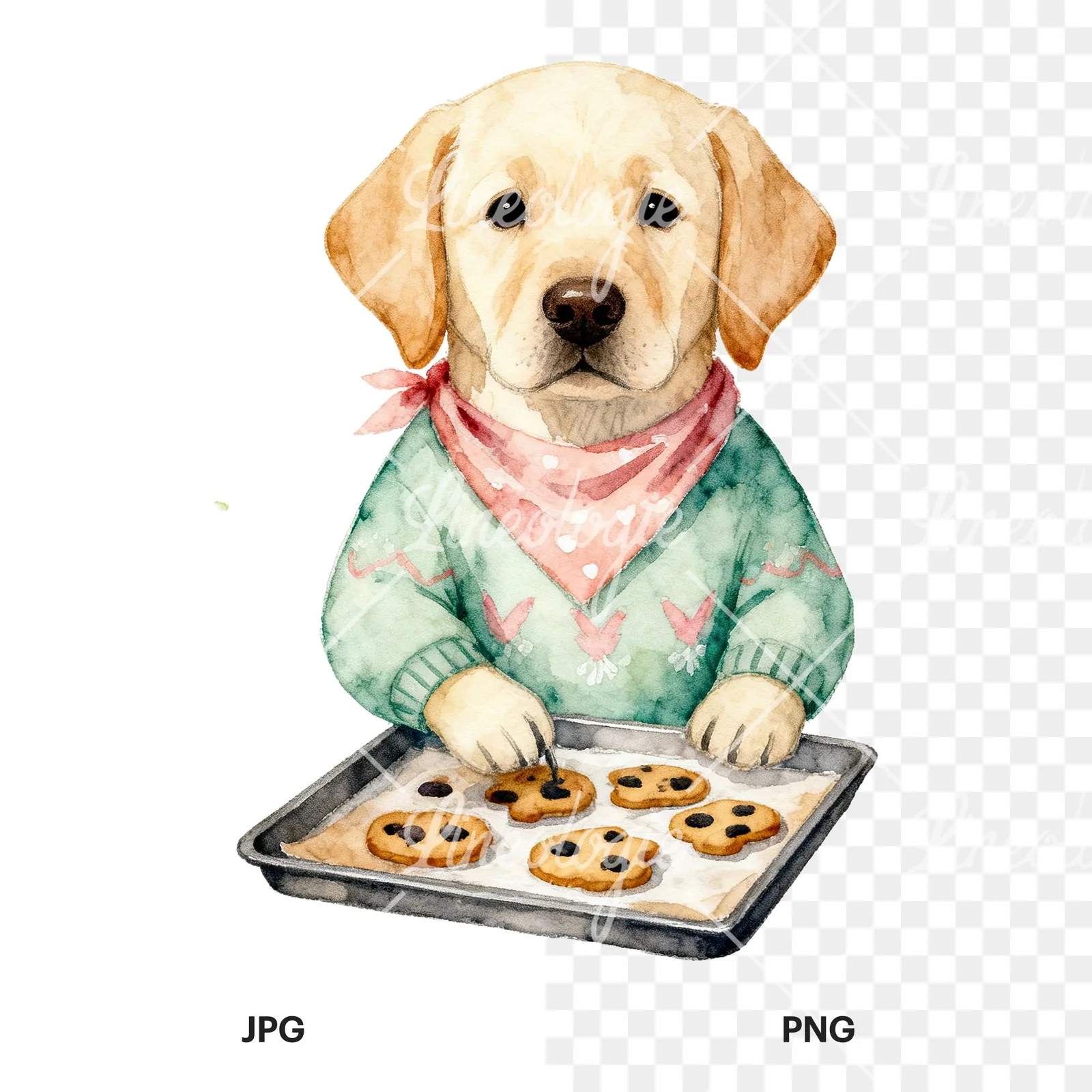Watercolor Easter puppy with egg sweater clipart 3 of 9, as a JPG on white and a transparent PNG