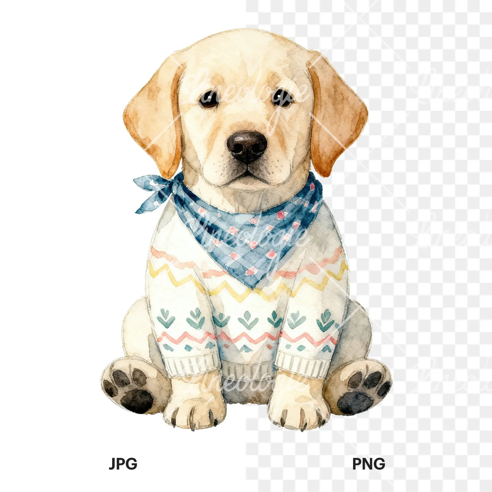 Watercolor Easter puppy with egg sweater clipart 4 of 9, as a JPG on white and a transparent PNG